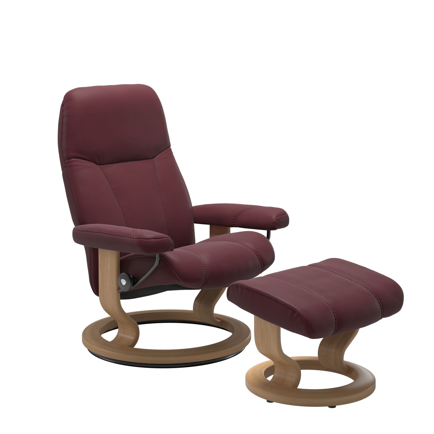 Front view of Stressless Consul Small Recliner and Ottoman in Batick Bordeaux with Classic Oak Base