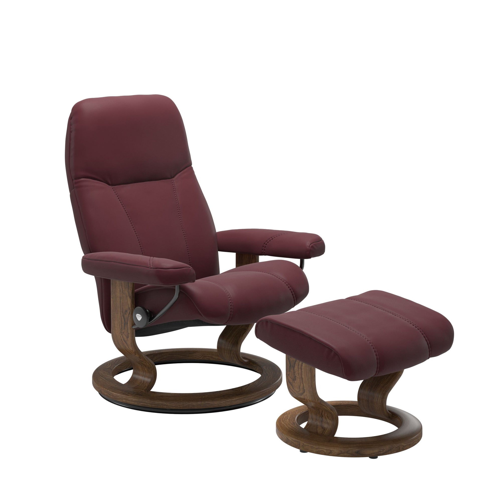 Front view of Stressless Consul Small Recliner and Ottoman in Batick Bordeaux with Classic Teak Base