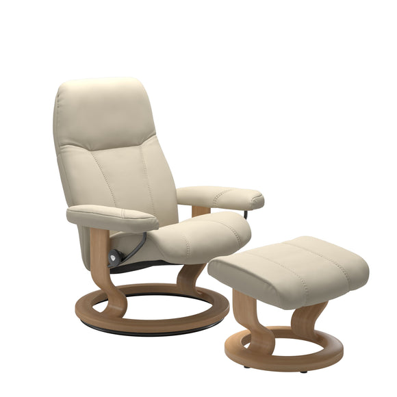 Front view of Stressless Consul Large Recliner and Ottoman in Batick Cream with Classic Oak Base

