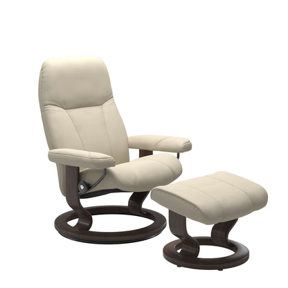 Front view of Stressless Consul Large Recliner and Ottoman in Batick Cream with Classic Wenge Base
