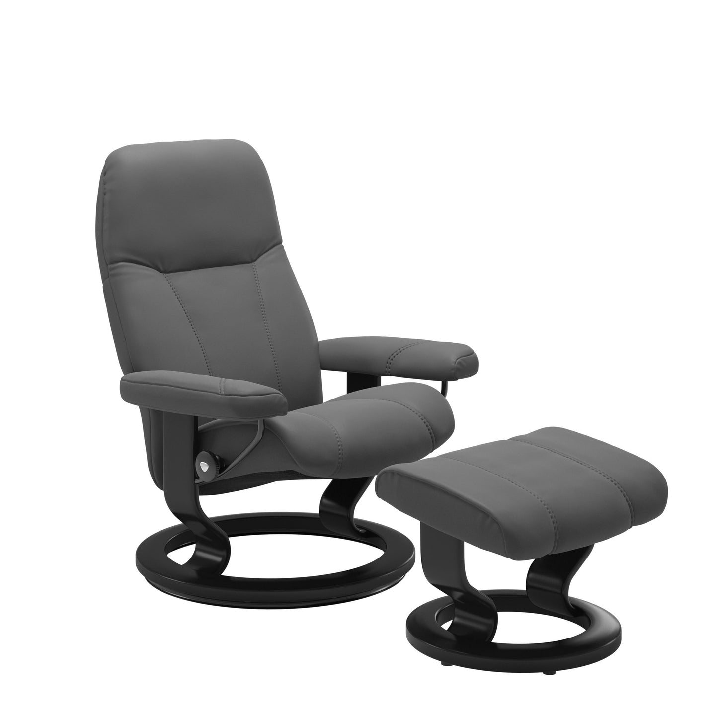 Front view of Stressless Consul Small Recliner and Ottoman in Batick Grey with Classic Black Base