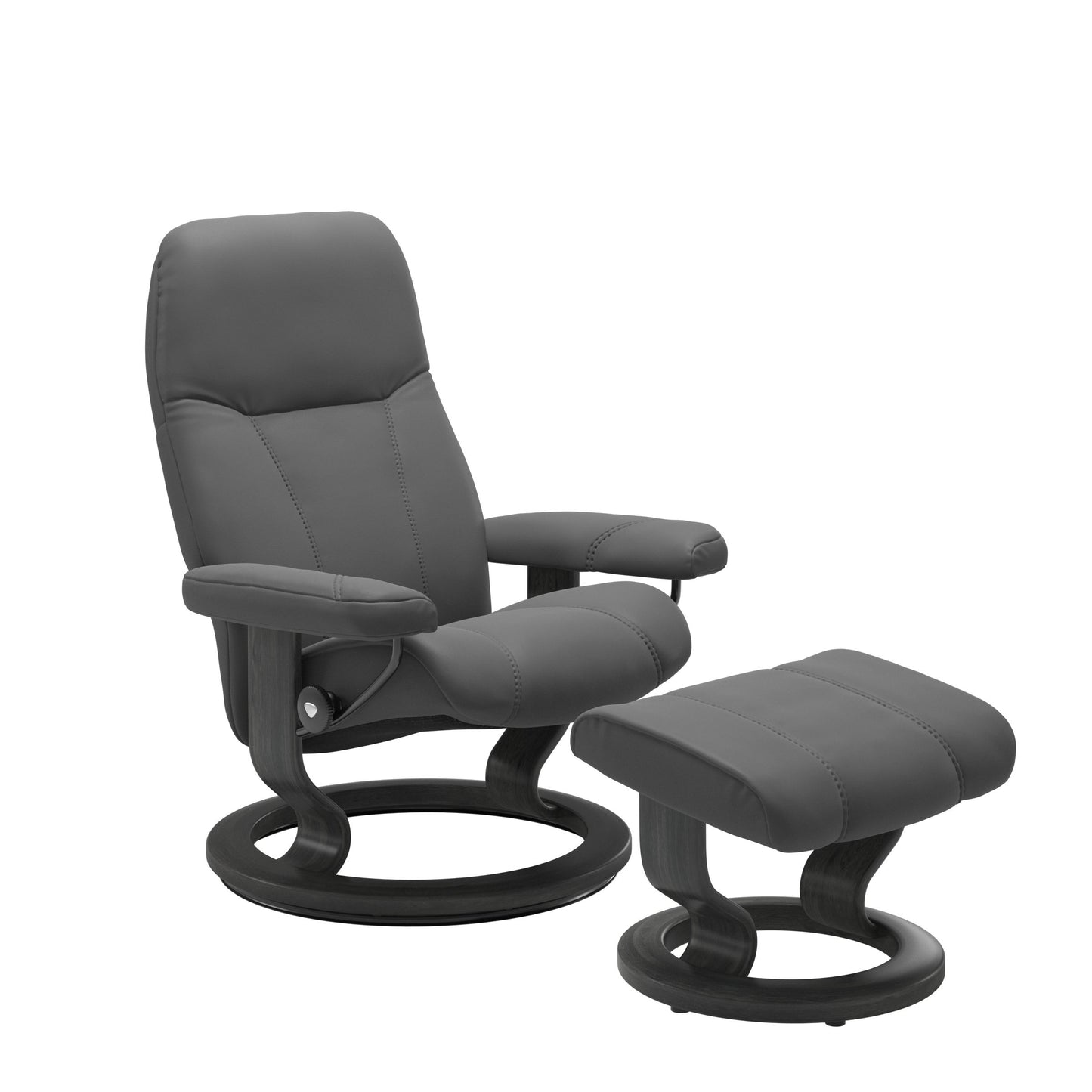 Front view of Stressless Consul Small Recliner and Ottoman in Batick Grey with Classic Grey Base