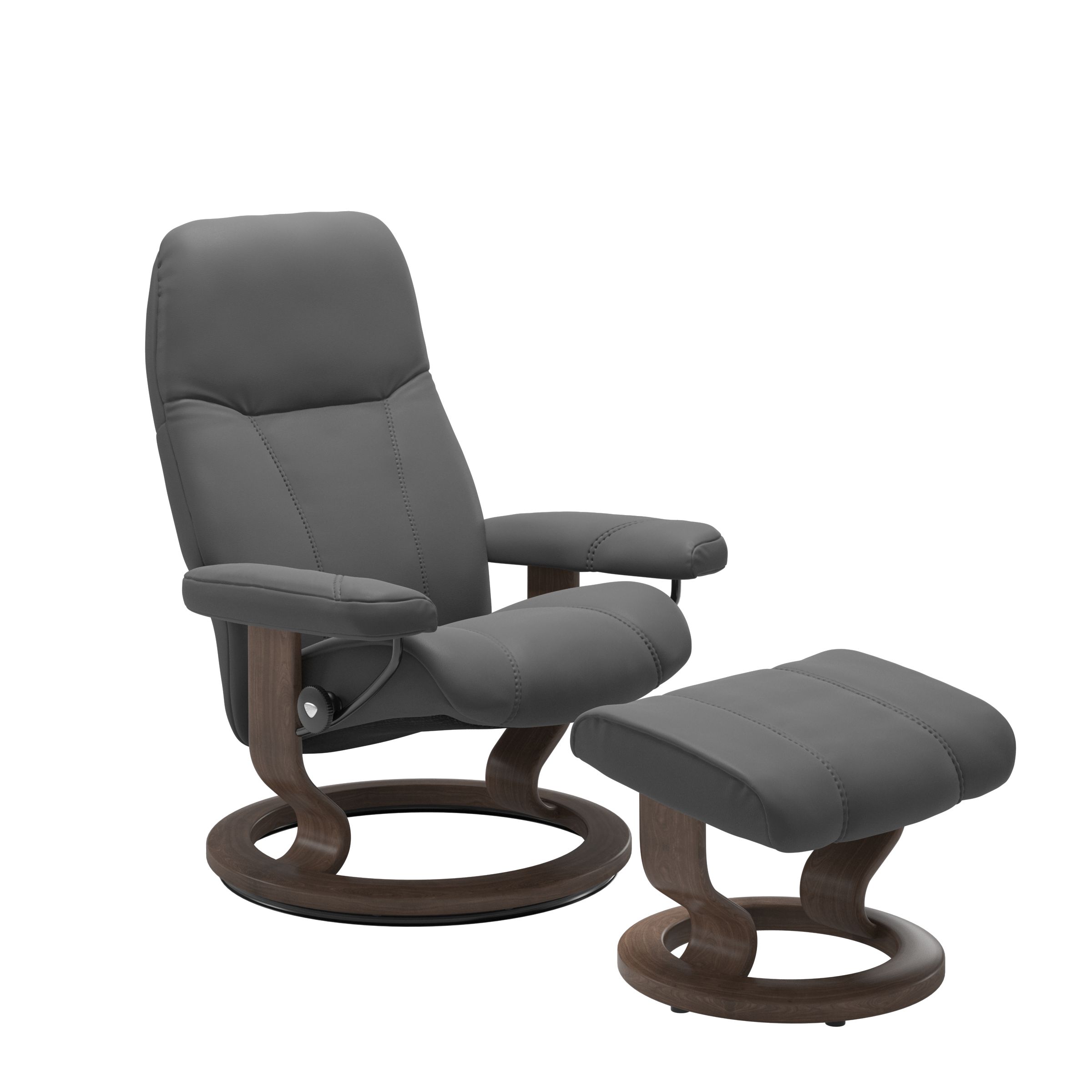 Front view of Stressless Consul Large Recliner and Ottoman in Batick Grey with Classic Walnut Base