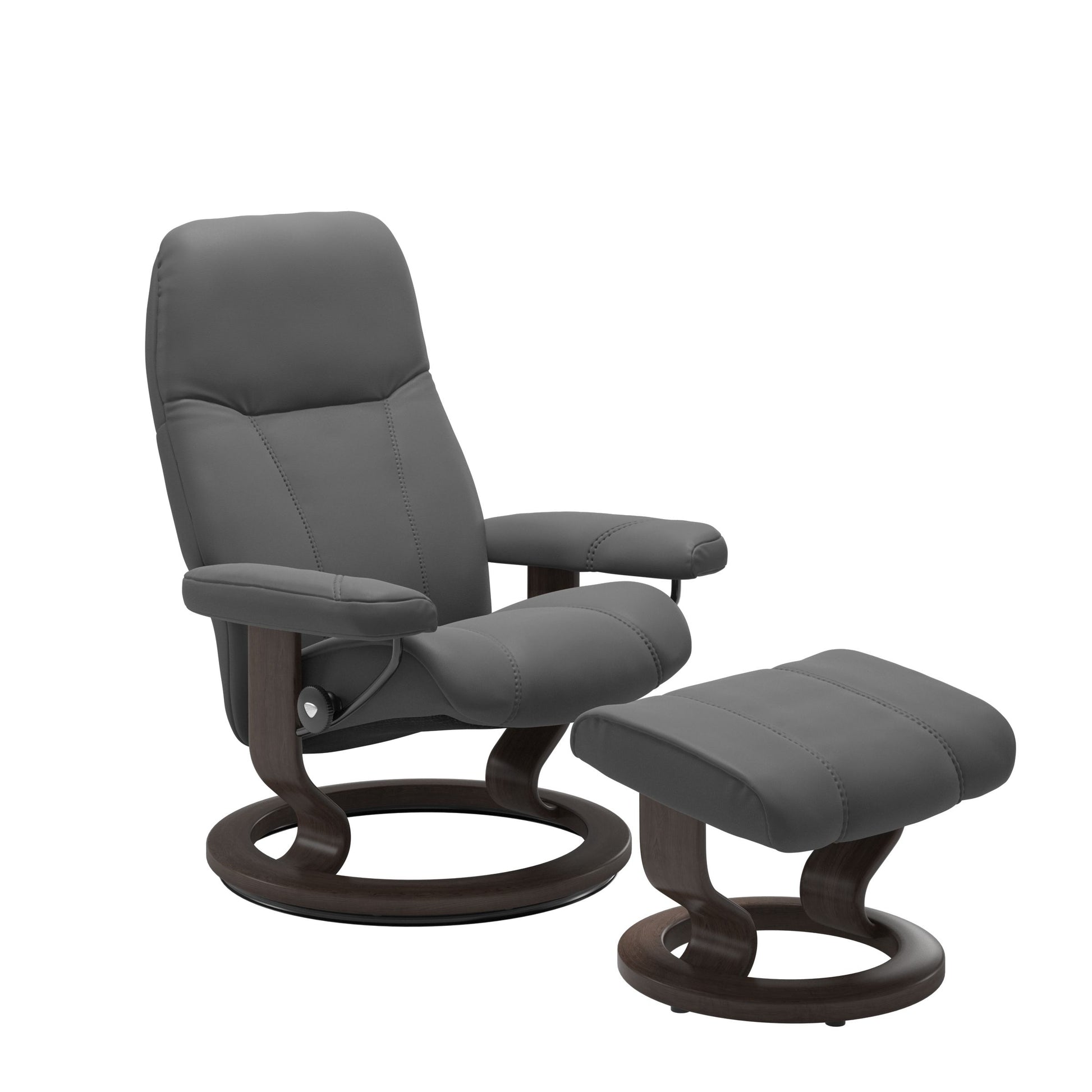 Front view of Stressless Consul Large Recliner and Ottoman in Batick Grey with Classic Wenge Base