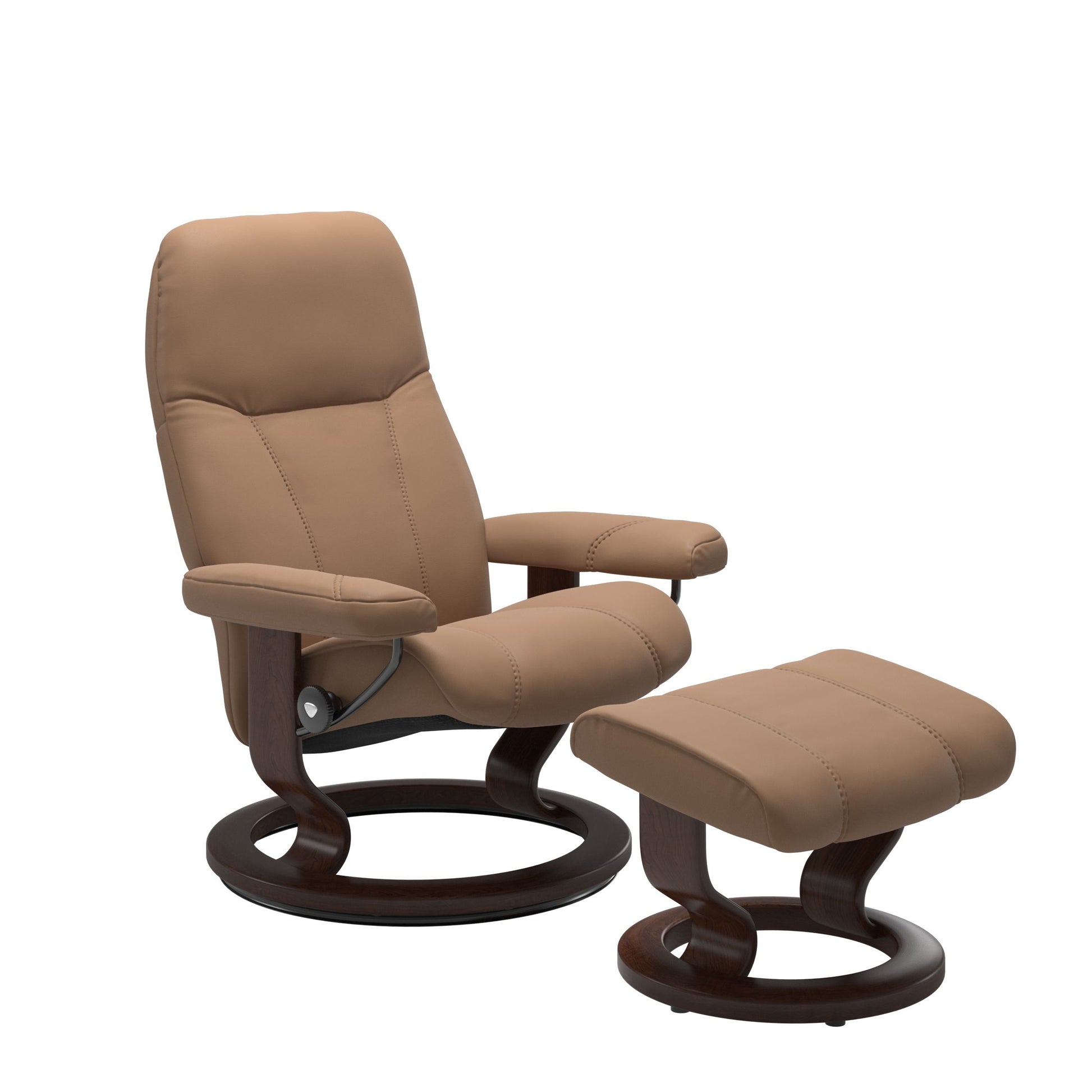 Front view of Stressless Consul Large Recliner and Ottoman in Batick Latte with Classic Brown Base