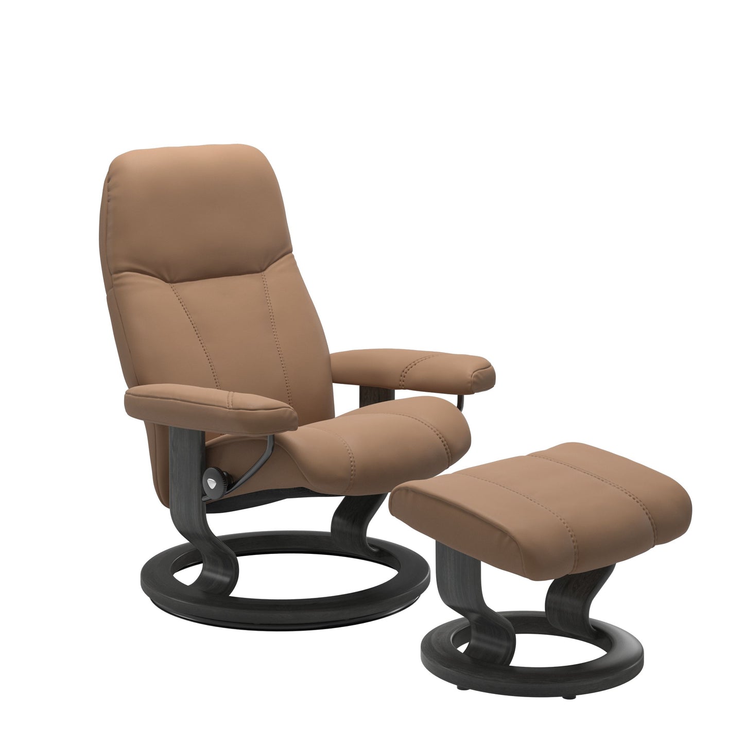 Front view of Stressless Consul Large Recliner and Ottoman in Batick Latte with Classic Grey Base