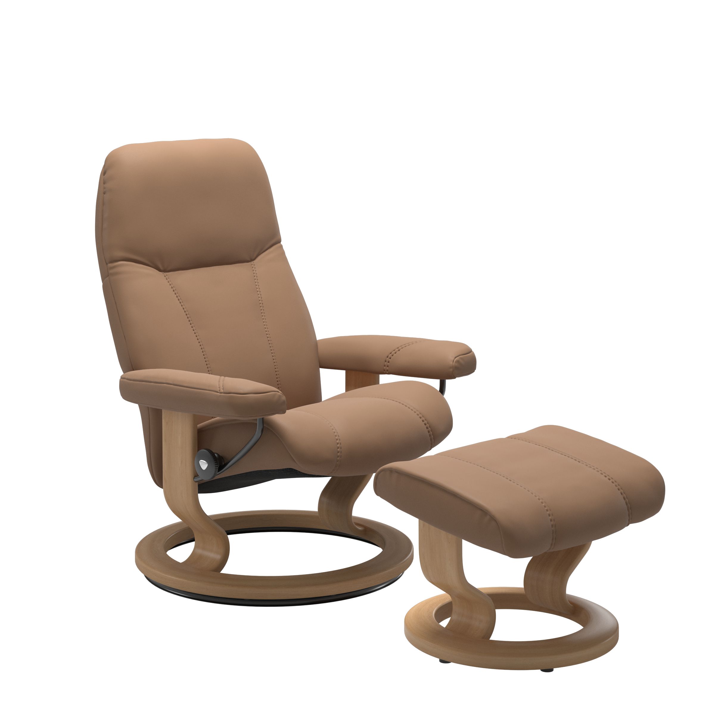 Front view of Stressless Consul Large Recliner and Ottoman in Batick Latte with Classic Oak Base