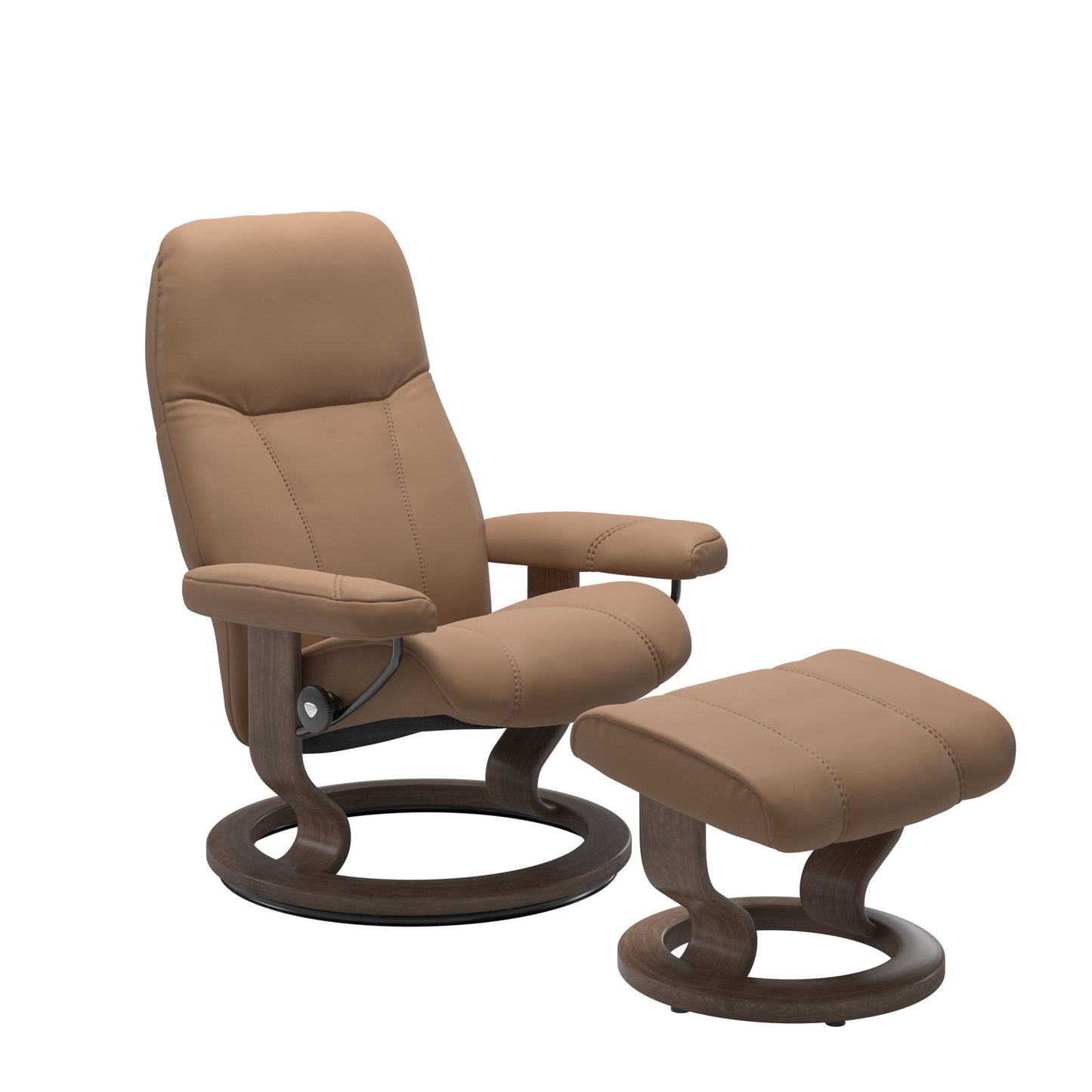 Front view of Stressless Consul Small Recliner and Ottoman in Batick Latte with Classic Walnut Base