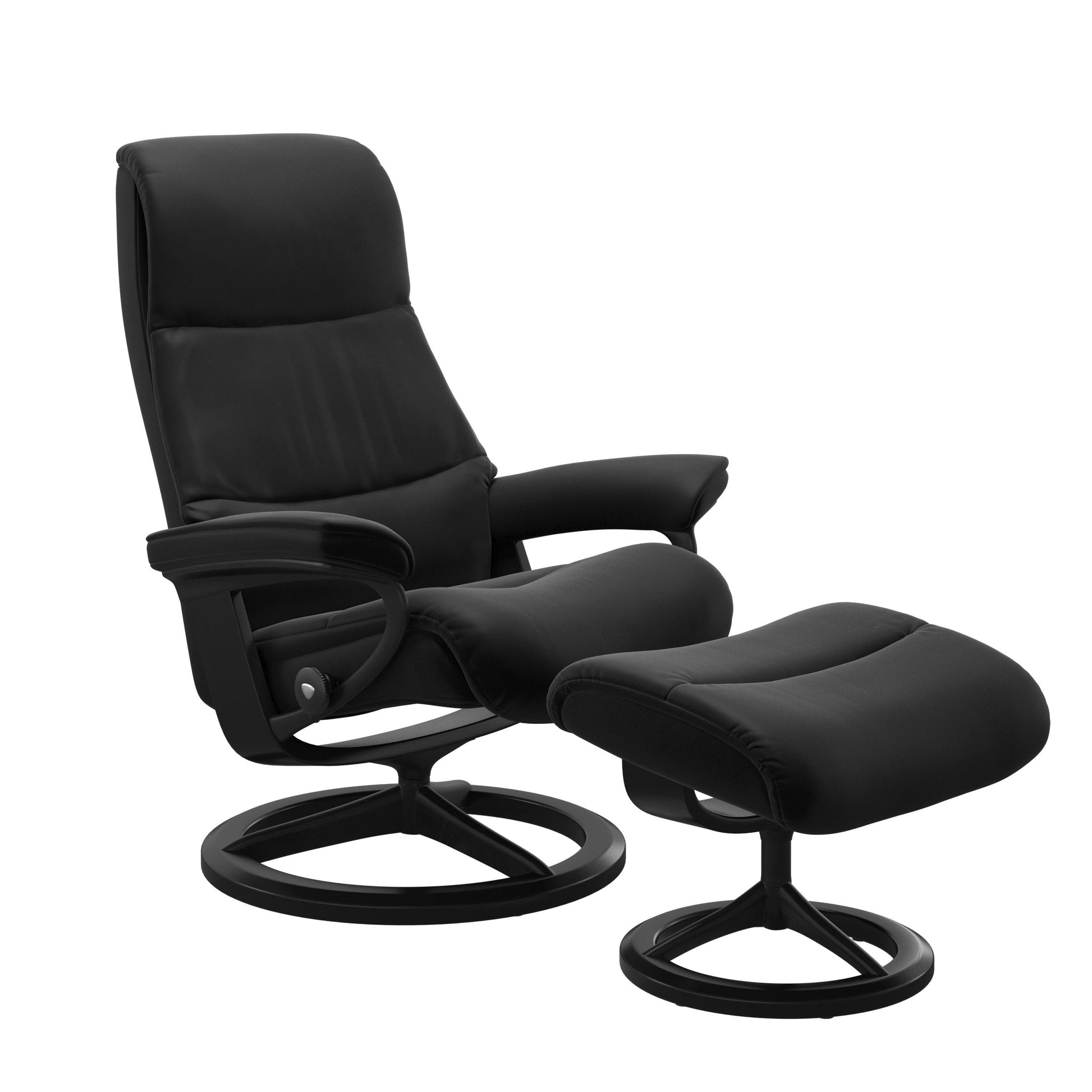 View recliner in Paloma Black with curved base in metal and black