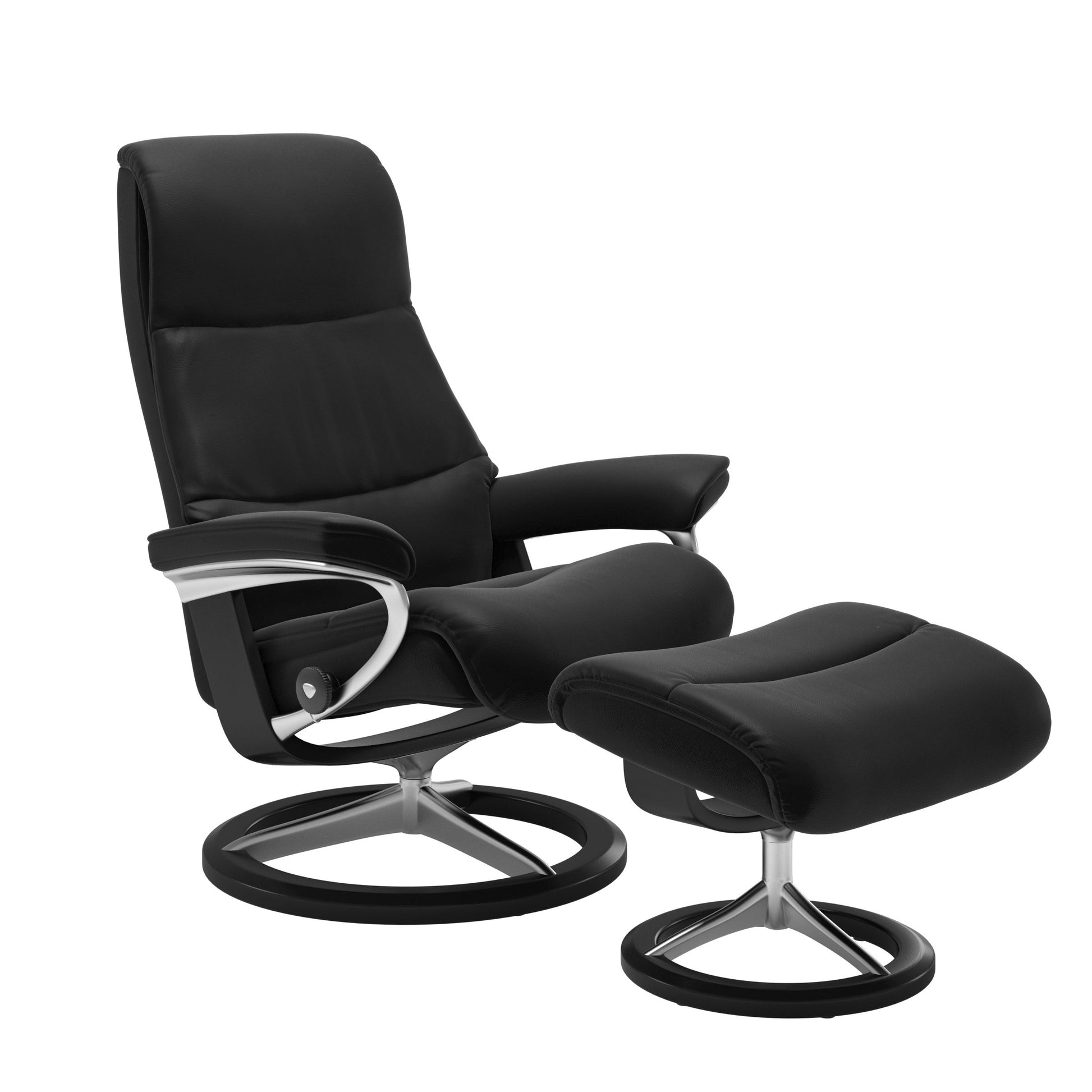 View recliner in Paloma Black with curved base in metal and black