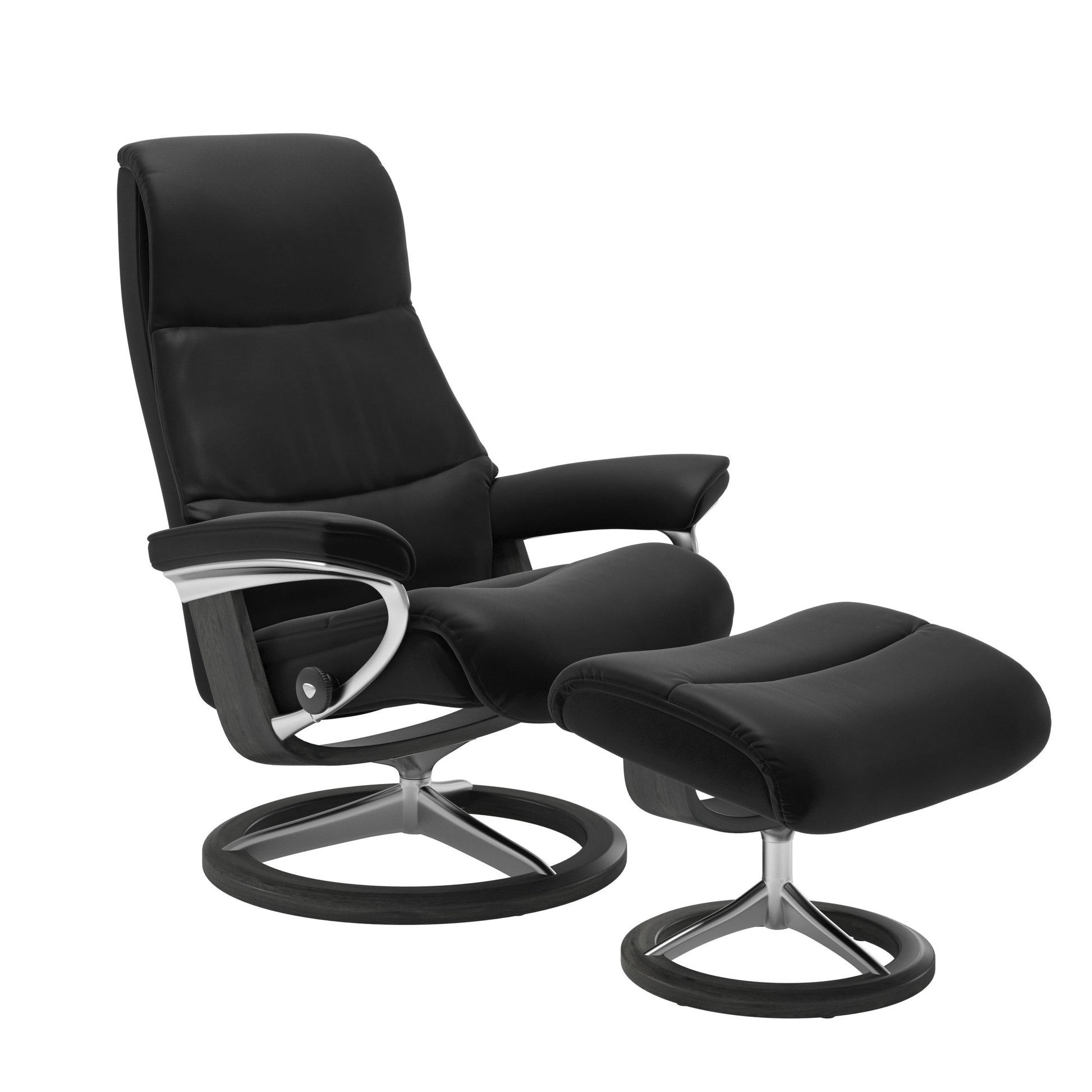 View recliner in Paloma Black with curved base in metal and grey