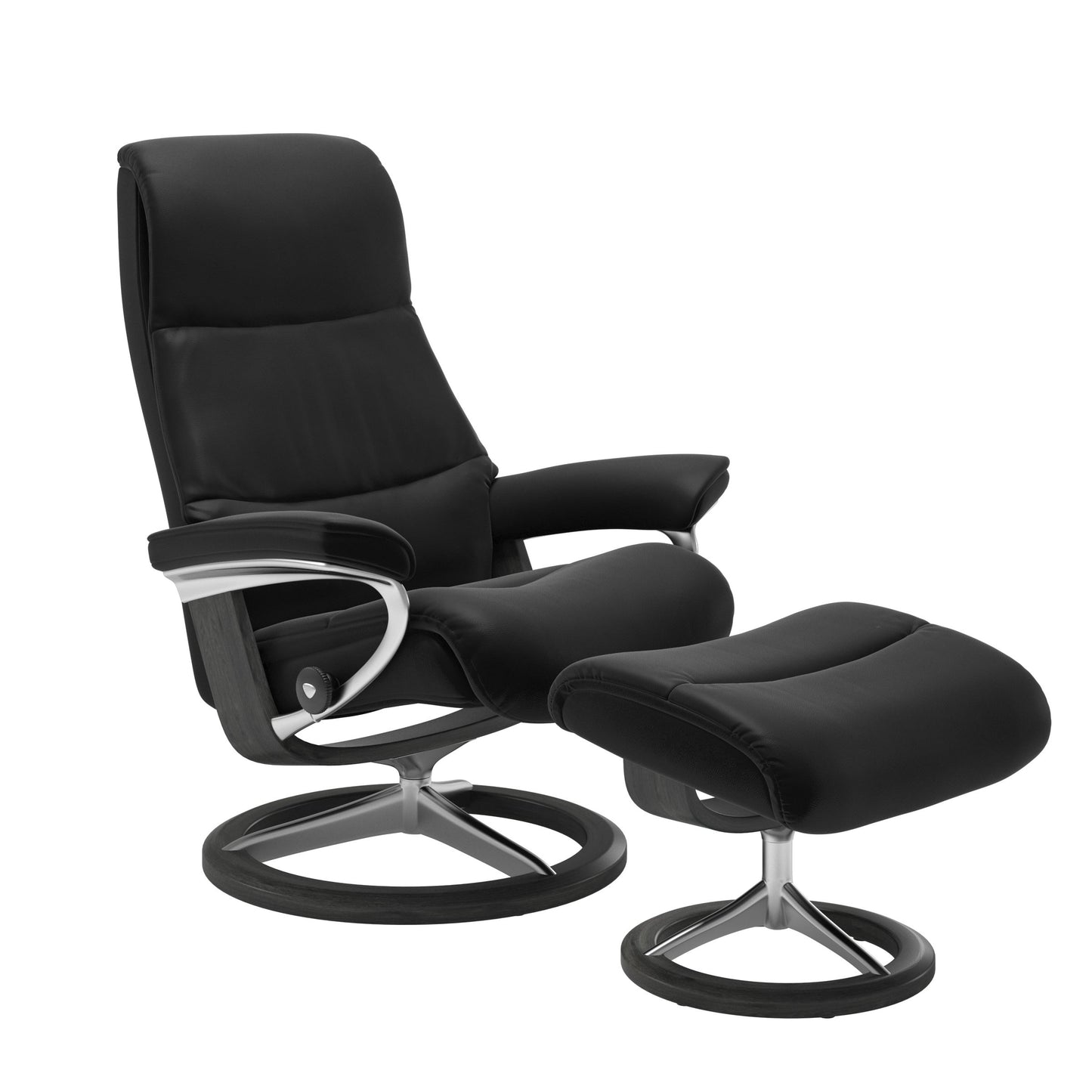 View recliner in Paloma Black with curved base in metal and grey