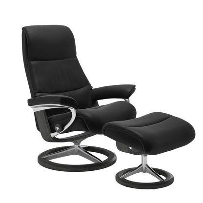 View recliner in Paloma Black with curved base in metal and grey