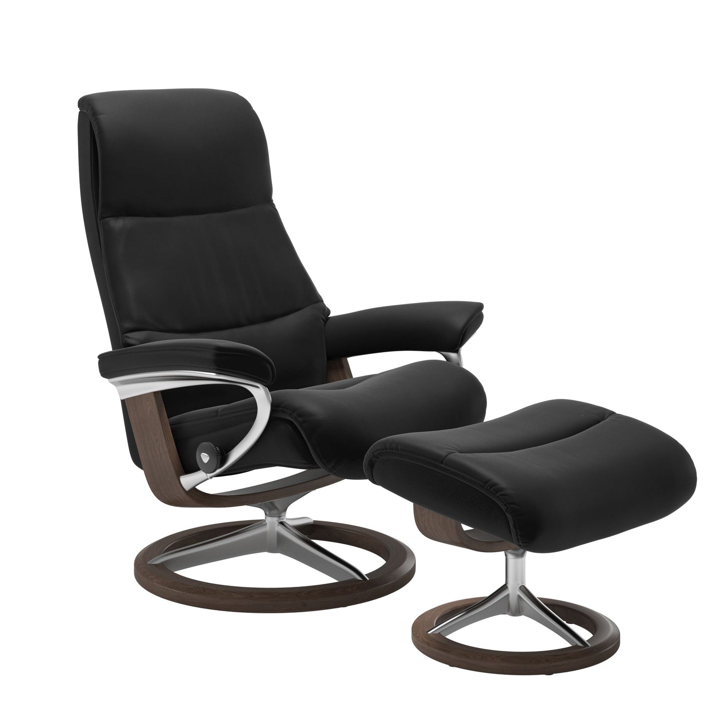 View recliner in Paloma Black with curved base in metal and walnut