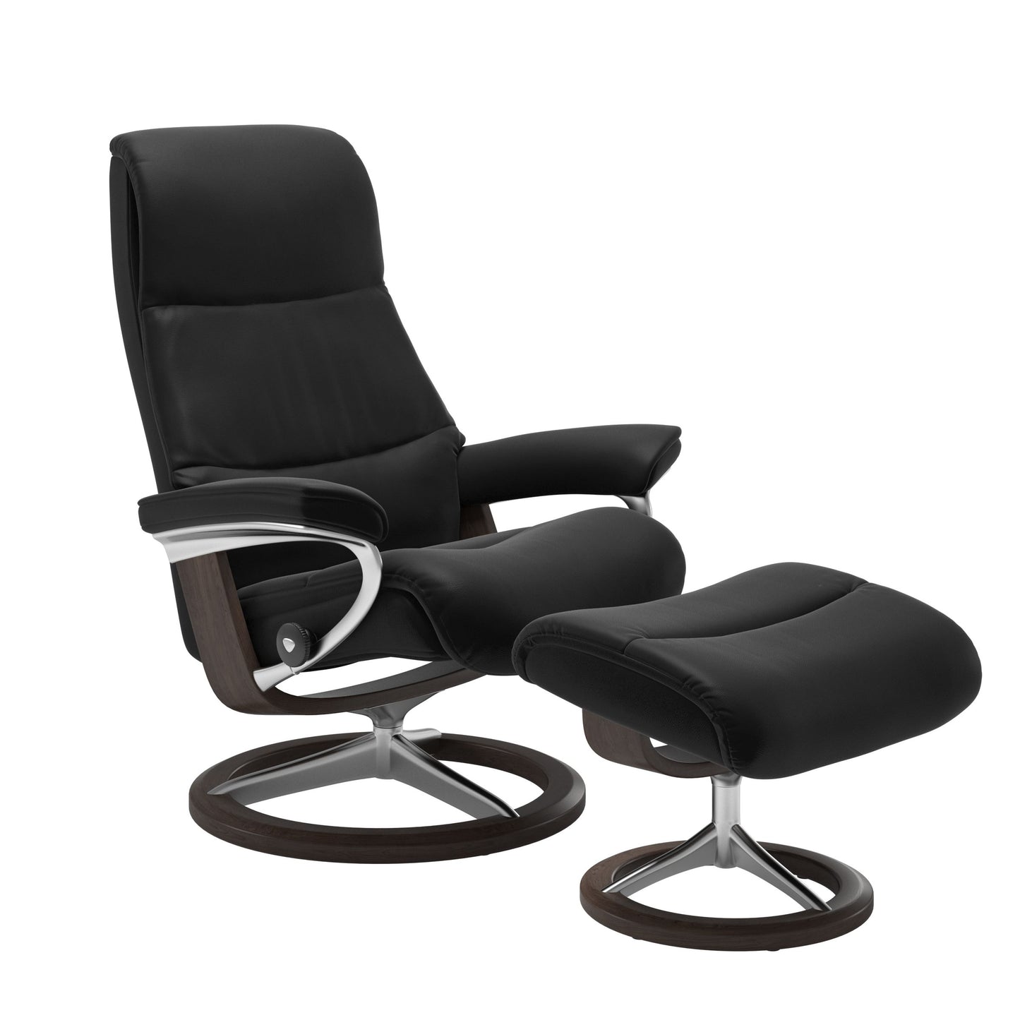 View recliner in Paloma Black with curved base in metal and wenge