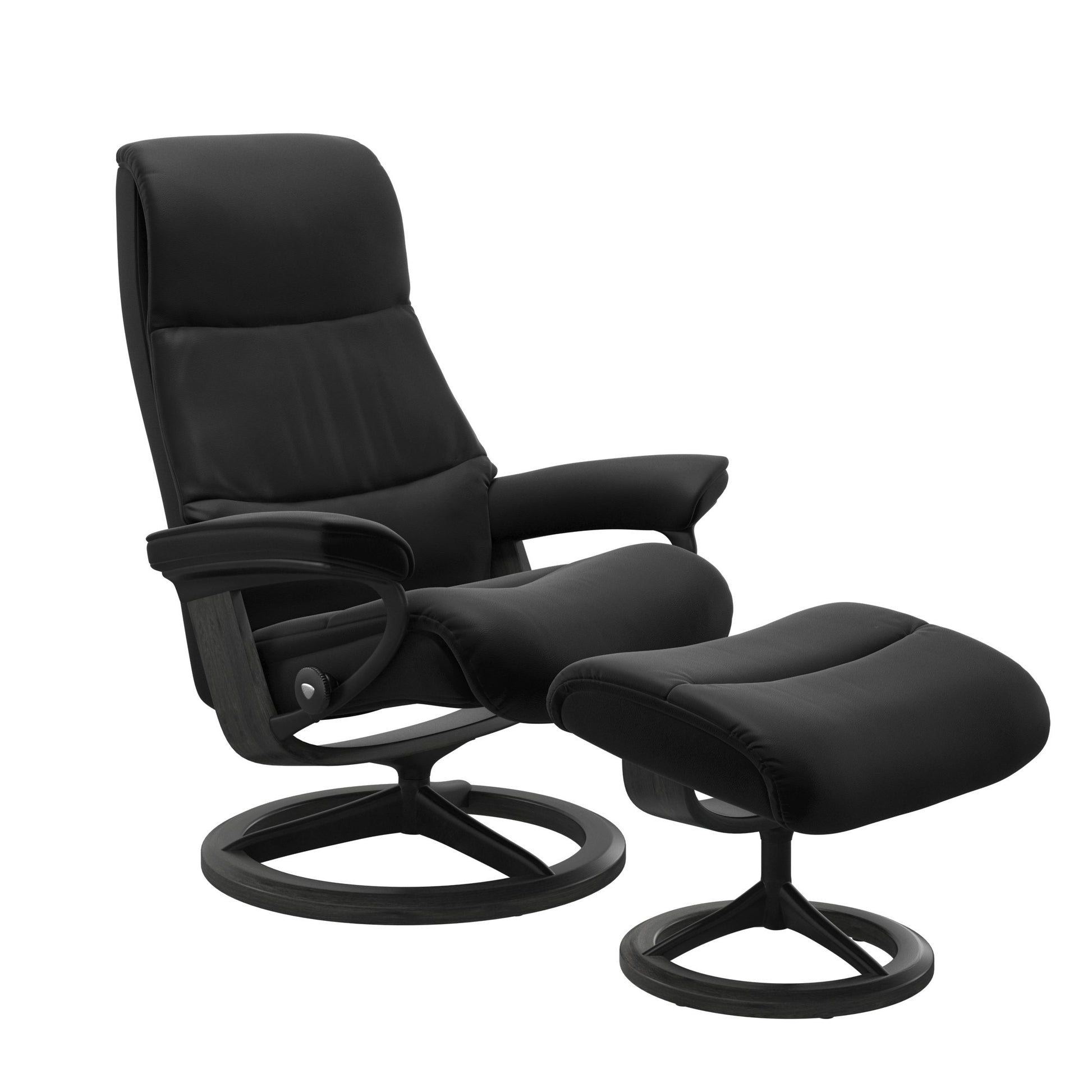View recliner in Paloma Black with matching ottoman featuring a curved base in metal and grey