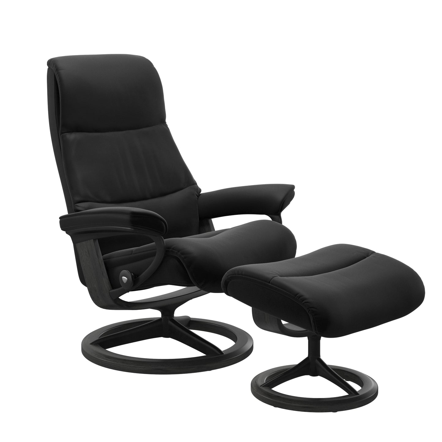 View recliner in Paloma Black with curved base in metal and grey