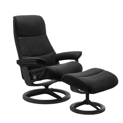 View recliner in Paloma Black with curved base in metal and grey
