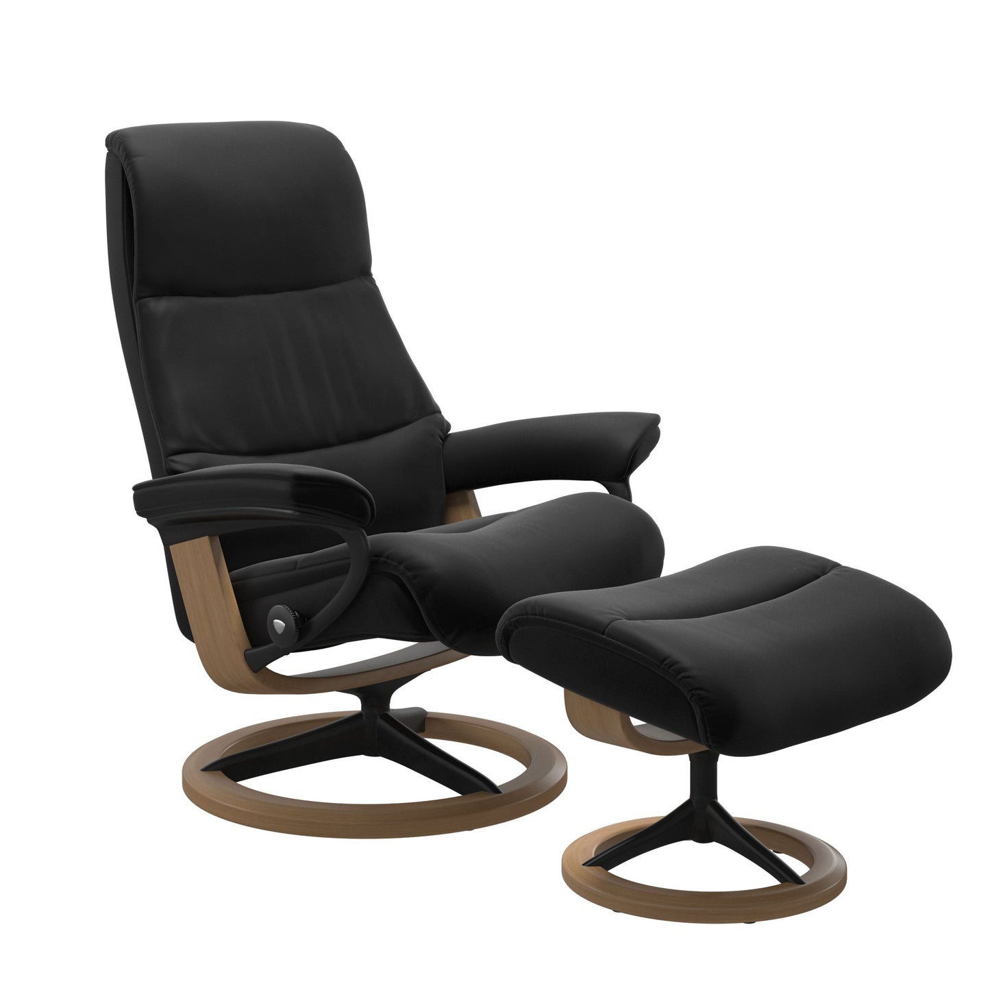 View recliner in Paloma Black with matching ottoman featuring a curved base in metal and oak