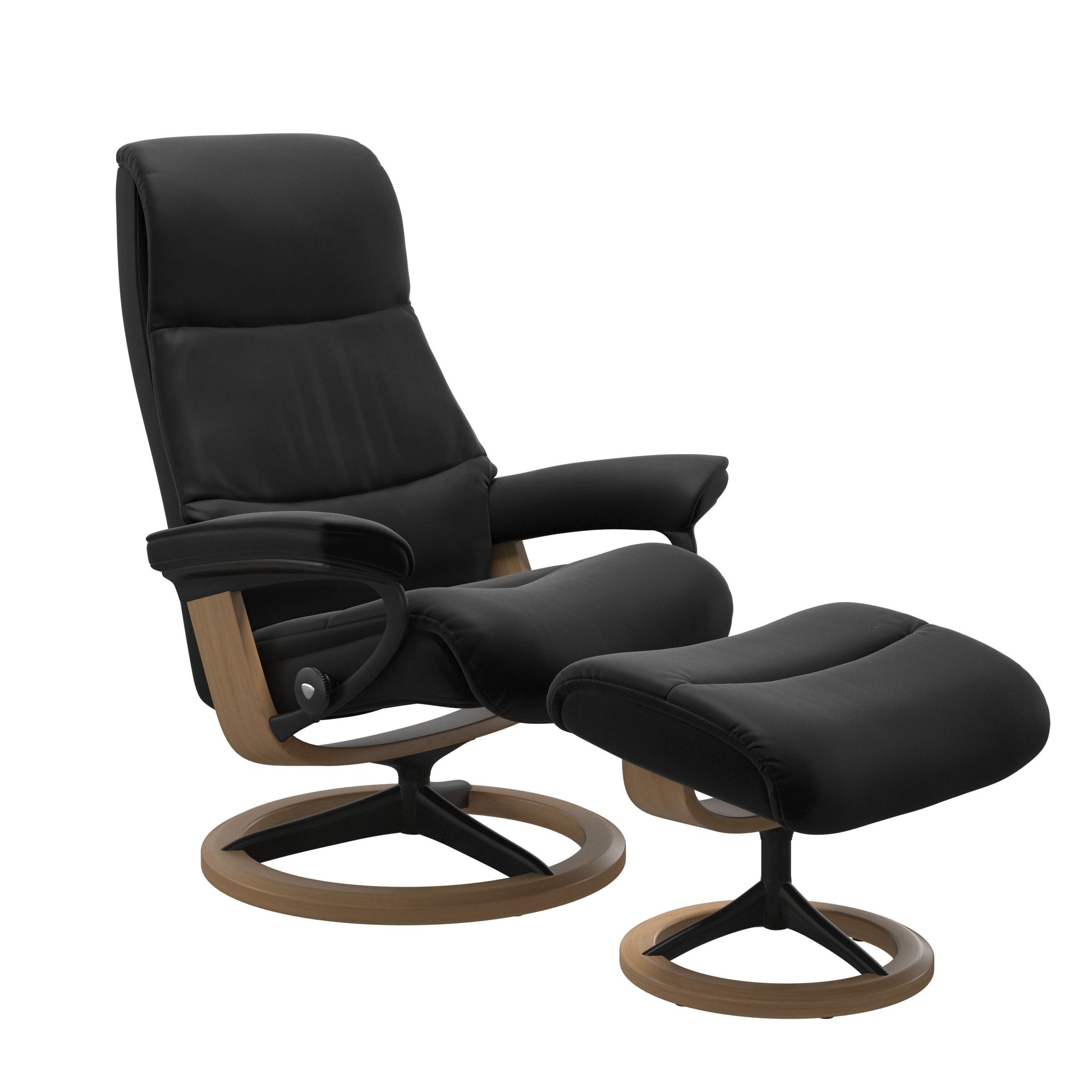 View recliner in Paloma Black with matching ottoman featuring a curved base in metal and oak