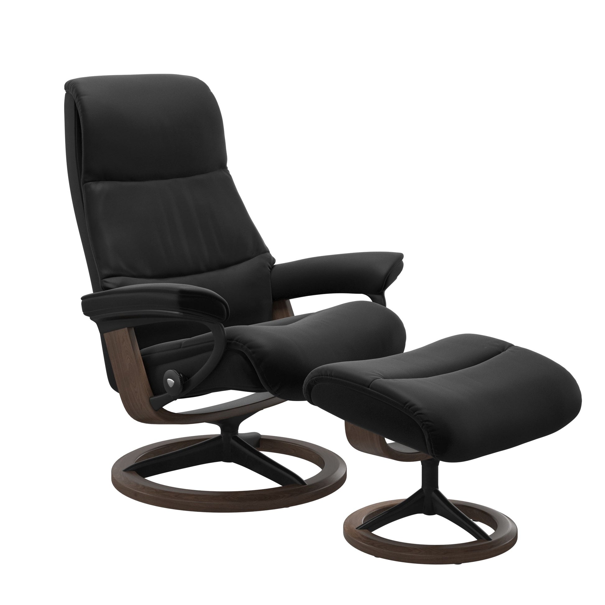 View recliner in Paloma Black with matching ottoman featuring a curved base in metal and walnut