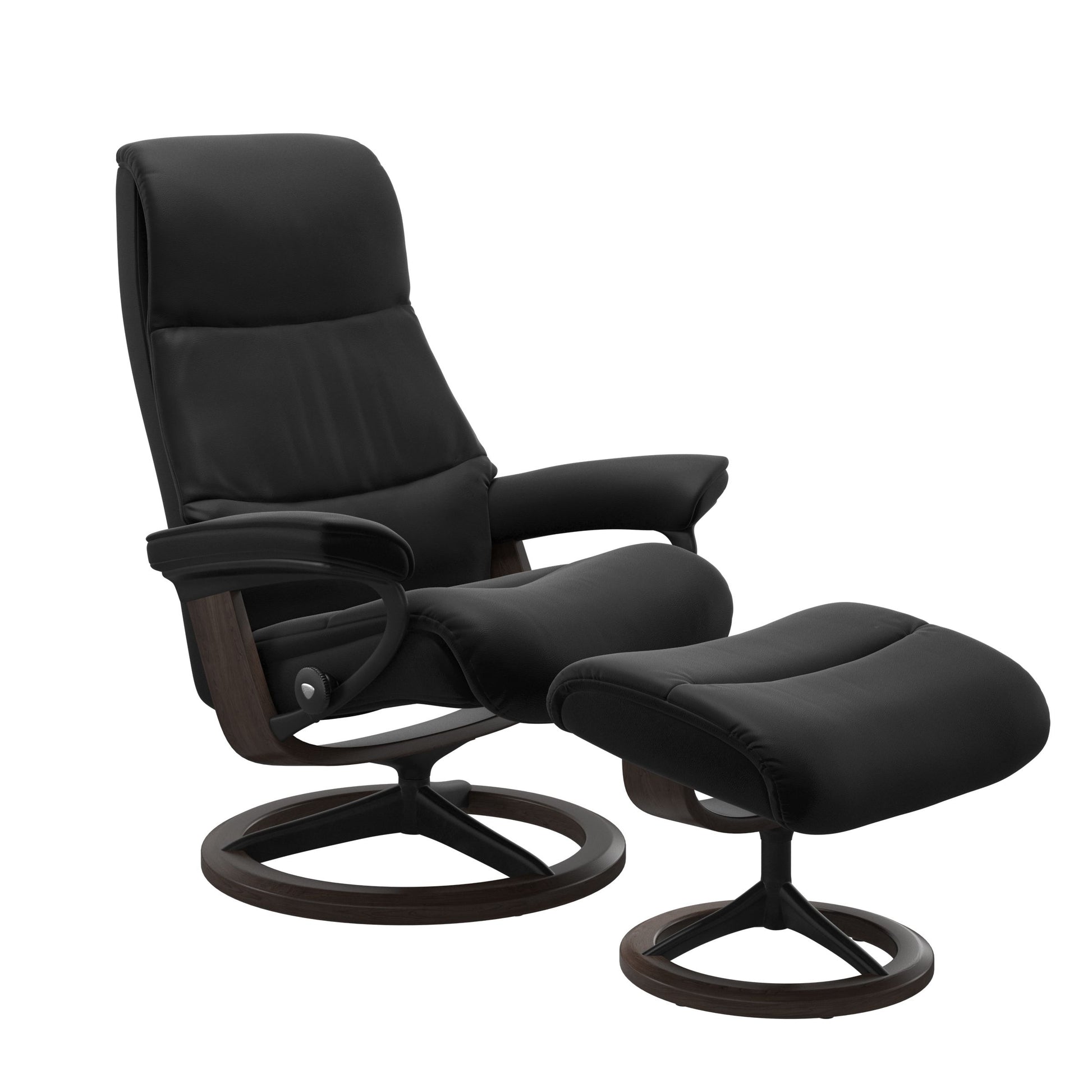 View recliner in Paloma Black with matching ottoman featuring a curved base in metal and wenge