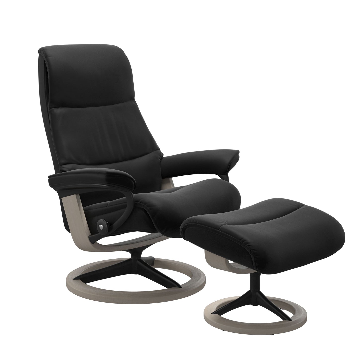 View recliner in Paloma Black with matching ottoman featuring a curved base in metal and whitewash