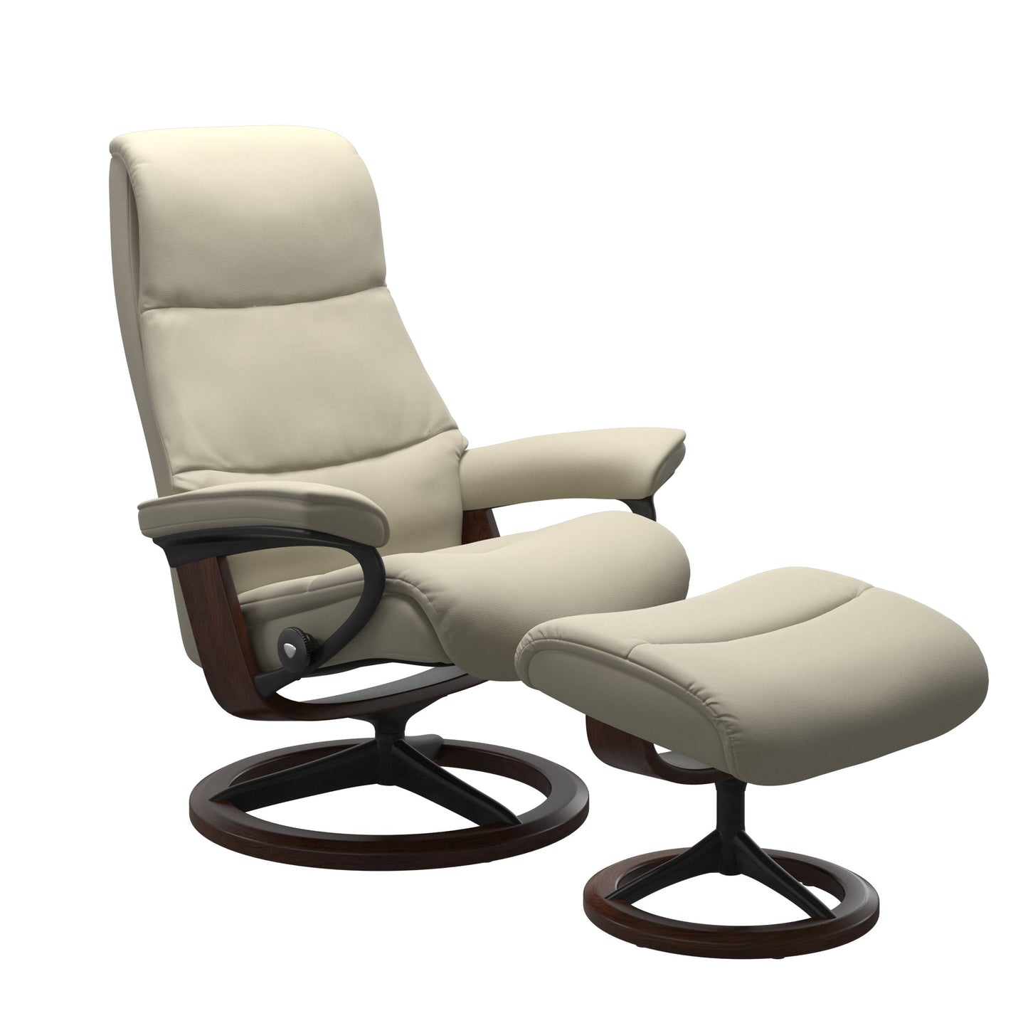 View recliner in Paloma Light Grey with curved base in metal and brown