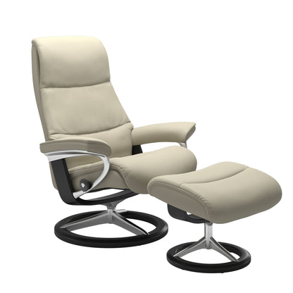 View recliner in Paloma Light Grey with curved base in metal and black