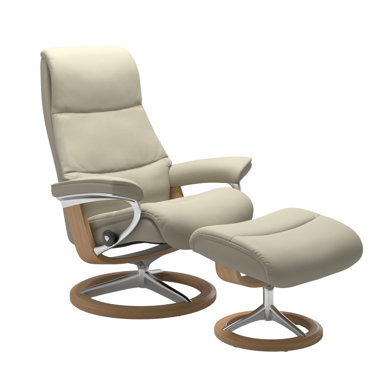View recliner in Paloma Light Grey with curved base in metal and oak