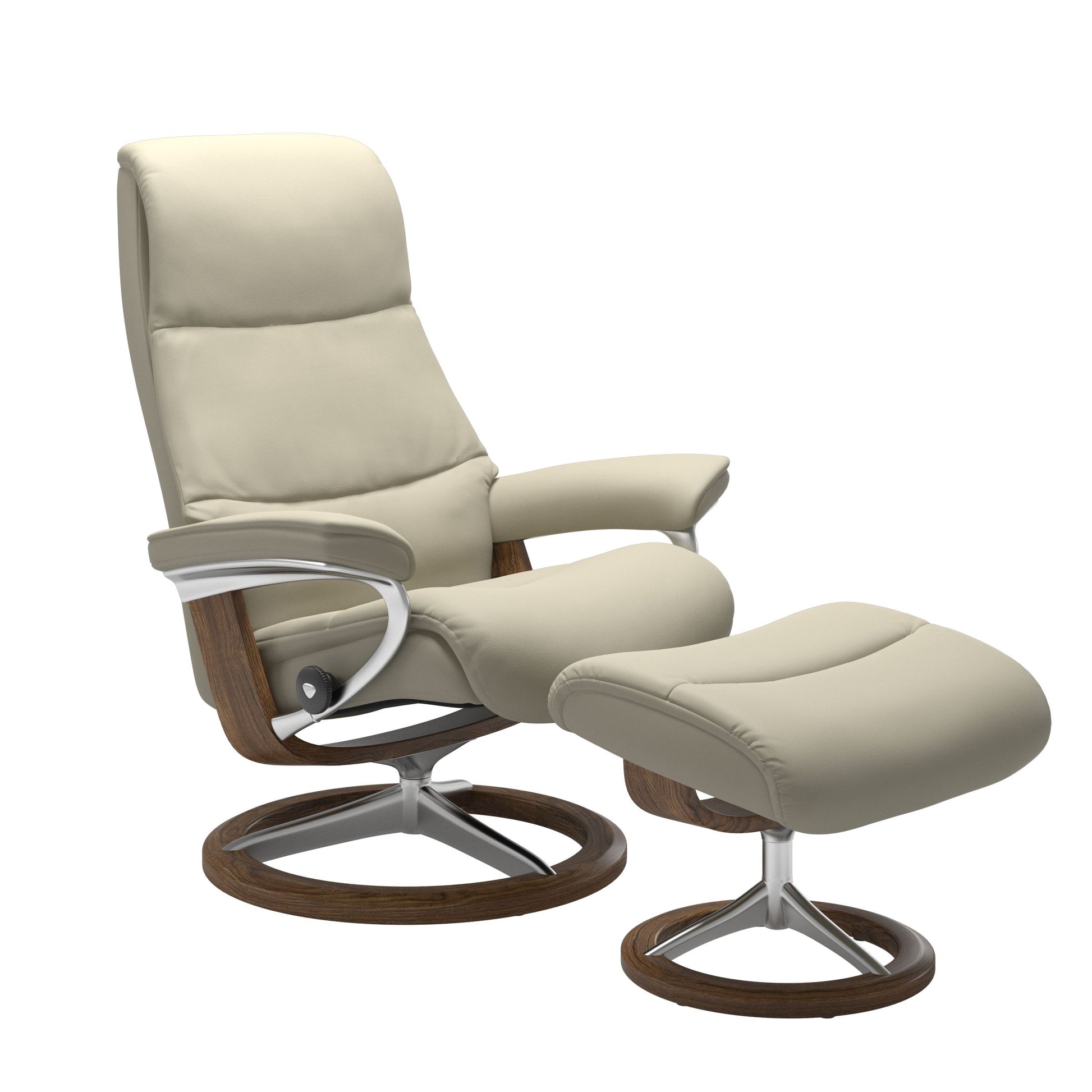 View recliner in Paloma Light Grey with curved base in metal and teak