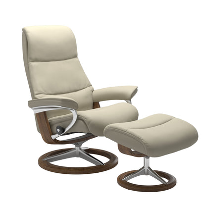 View recliner in Paloma Light Grey with curved base in metal and teak