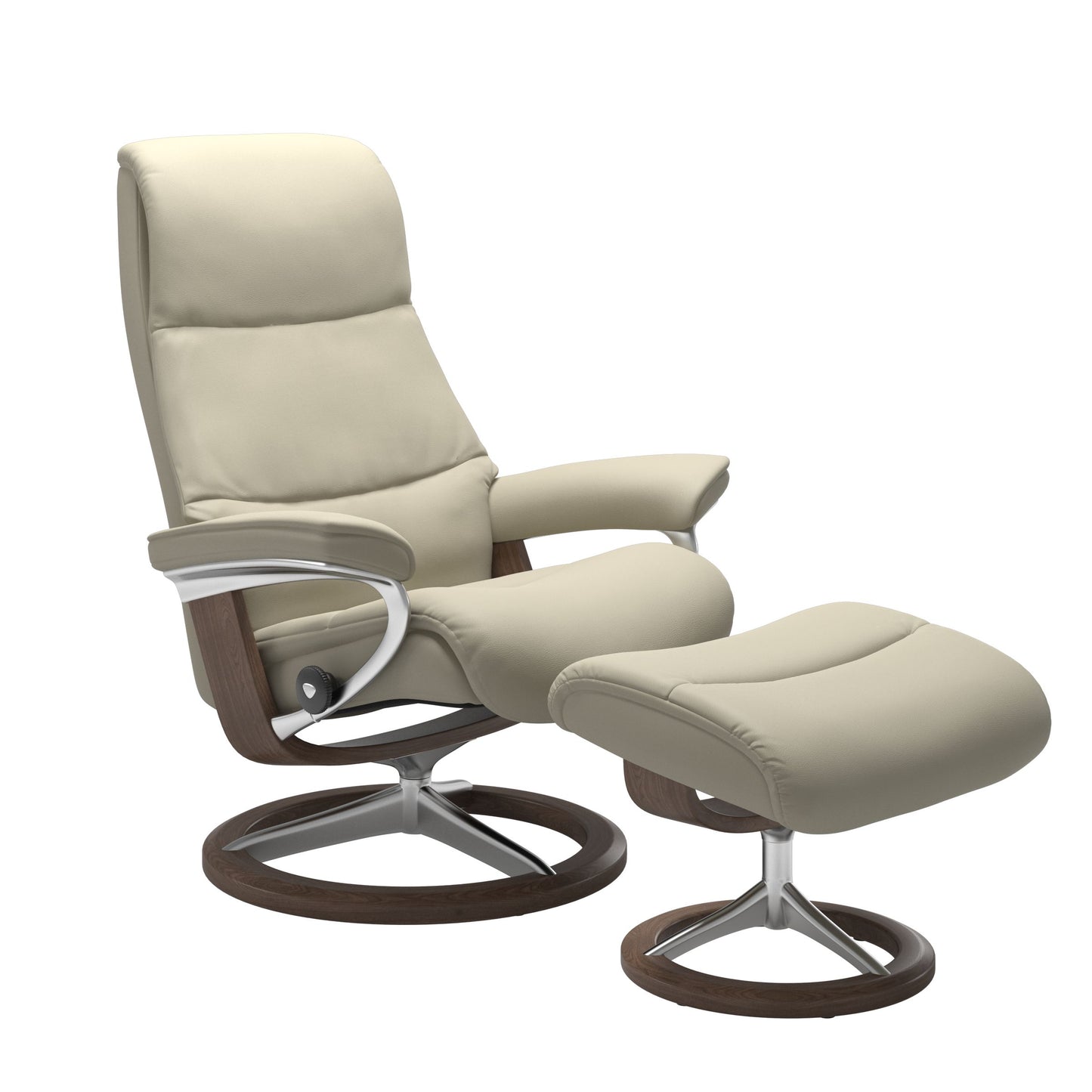 View recliner in Paloma Light Grey with curved base in metal and walnut