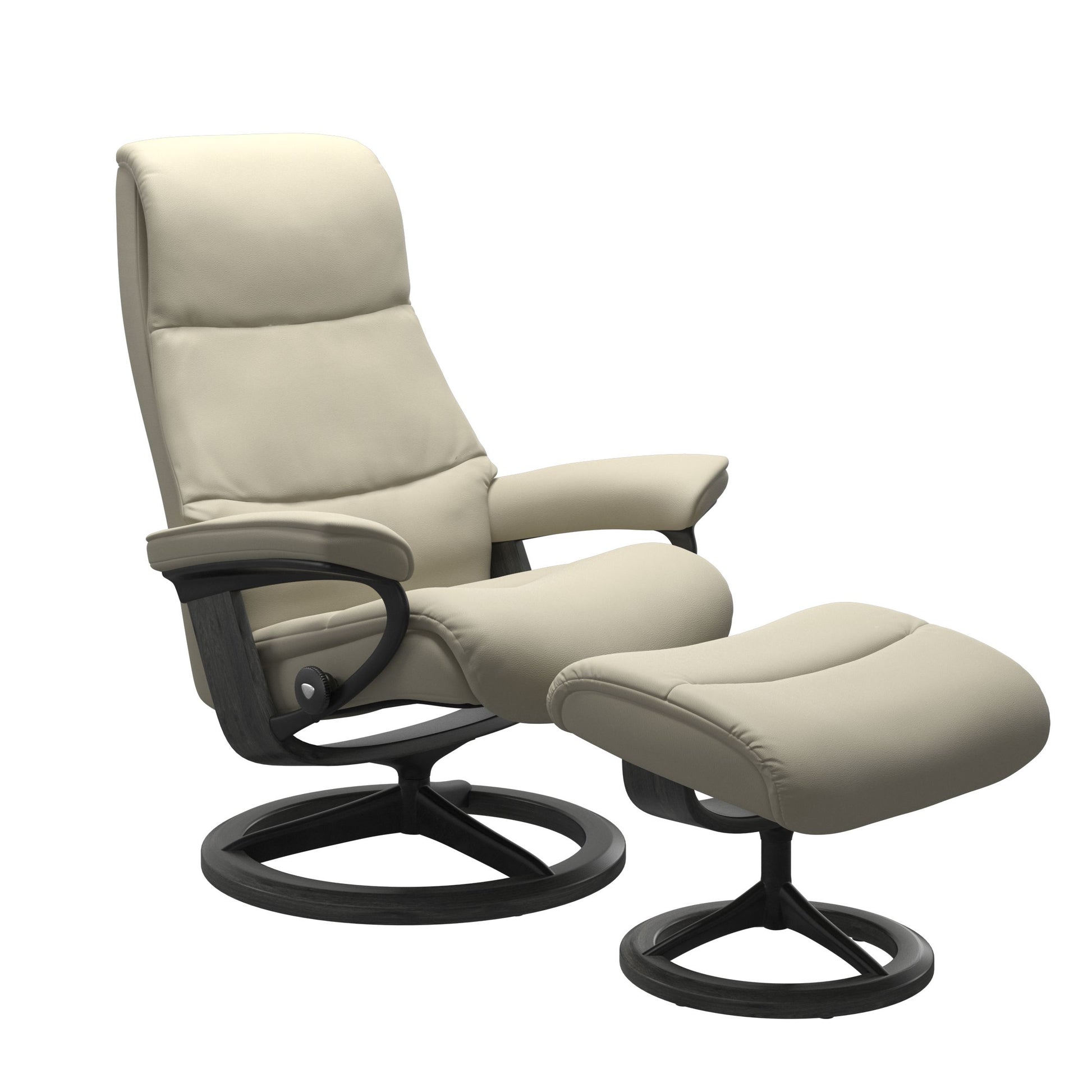 View recliner in Paloma Light Grey with matching ottoman featuring a curved base in metal and grey