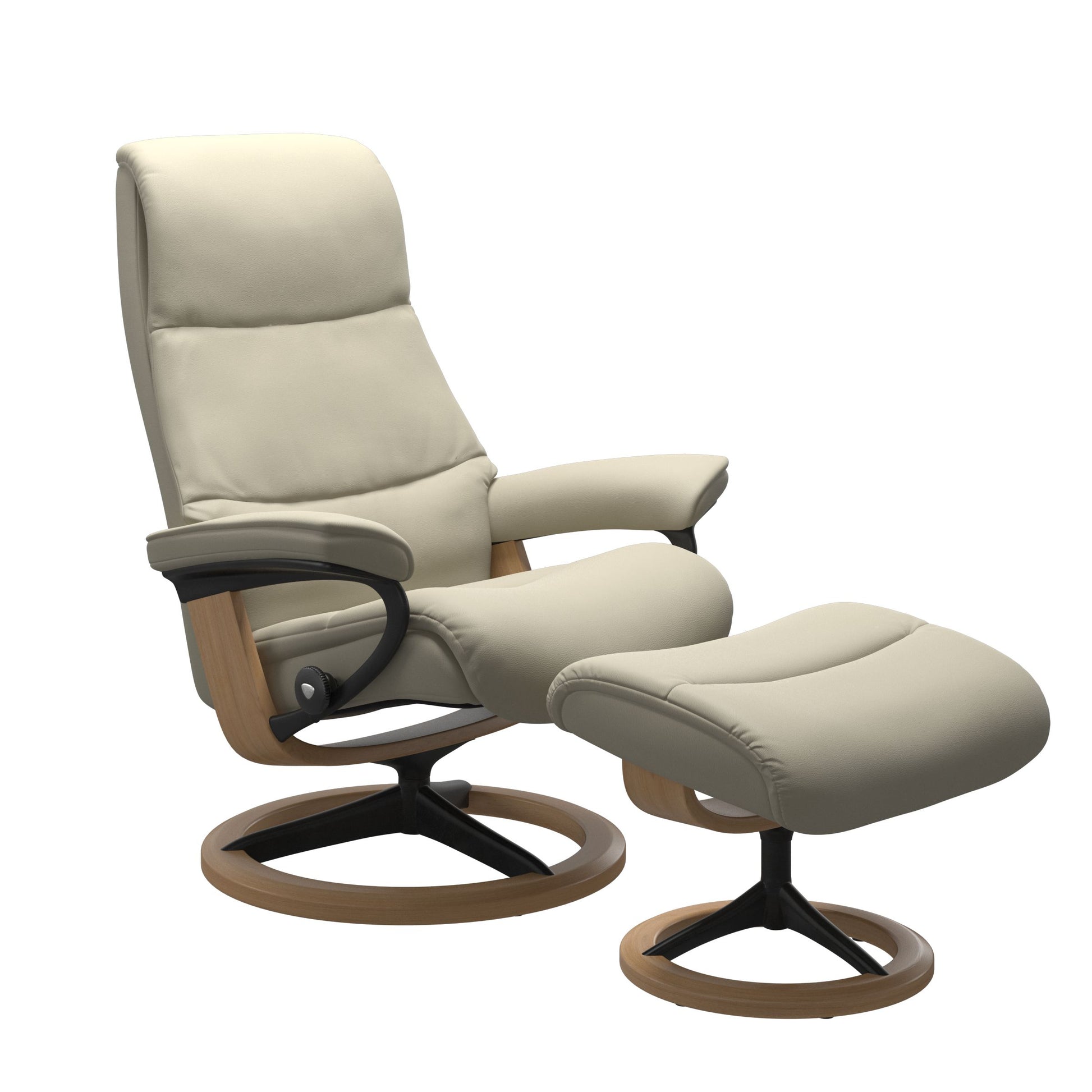 View recliner in Paloma Light Grey with matching ottoman featuring a curved base in metal and oak