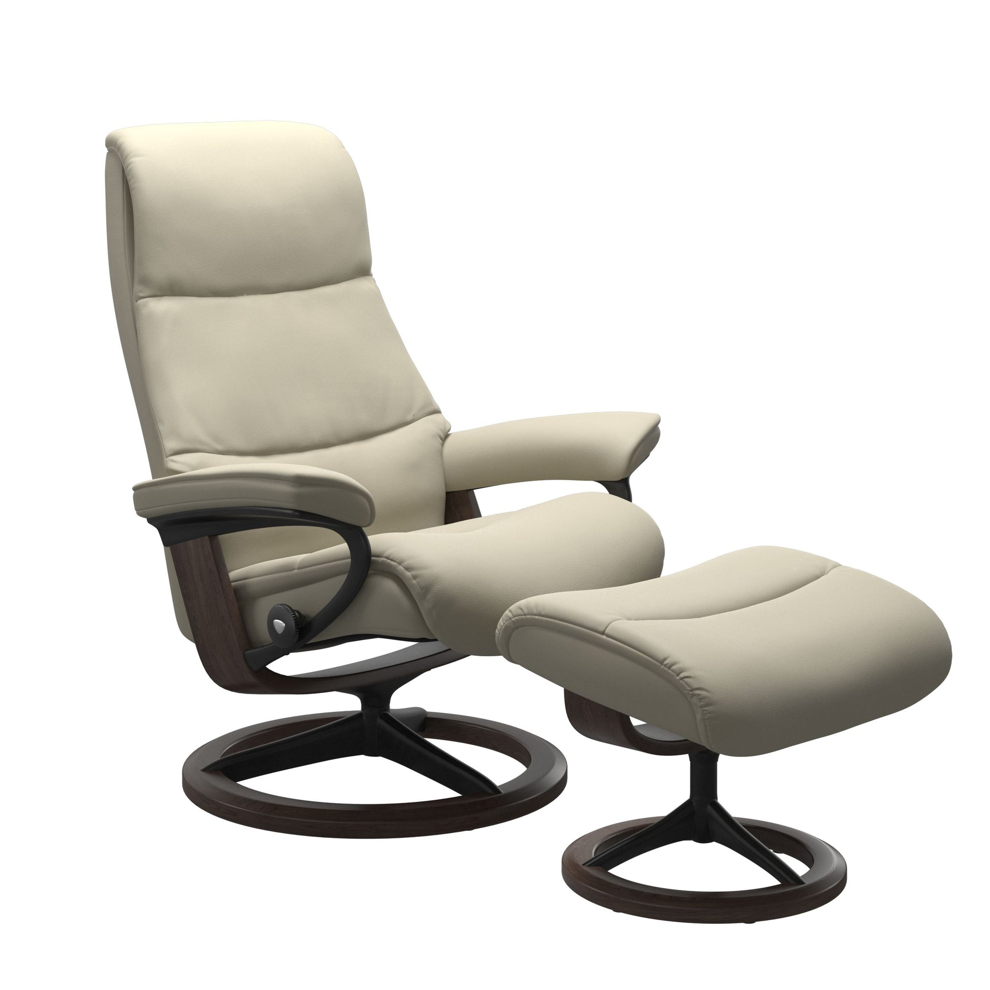 View recliner in Paloma Light Grey with curved base in metal and wenge