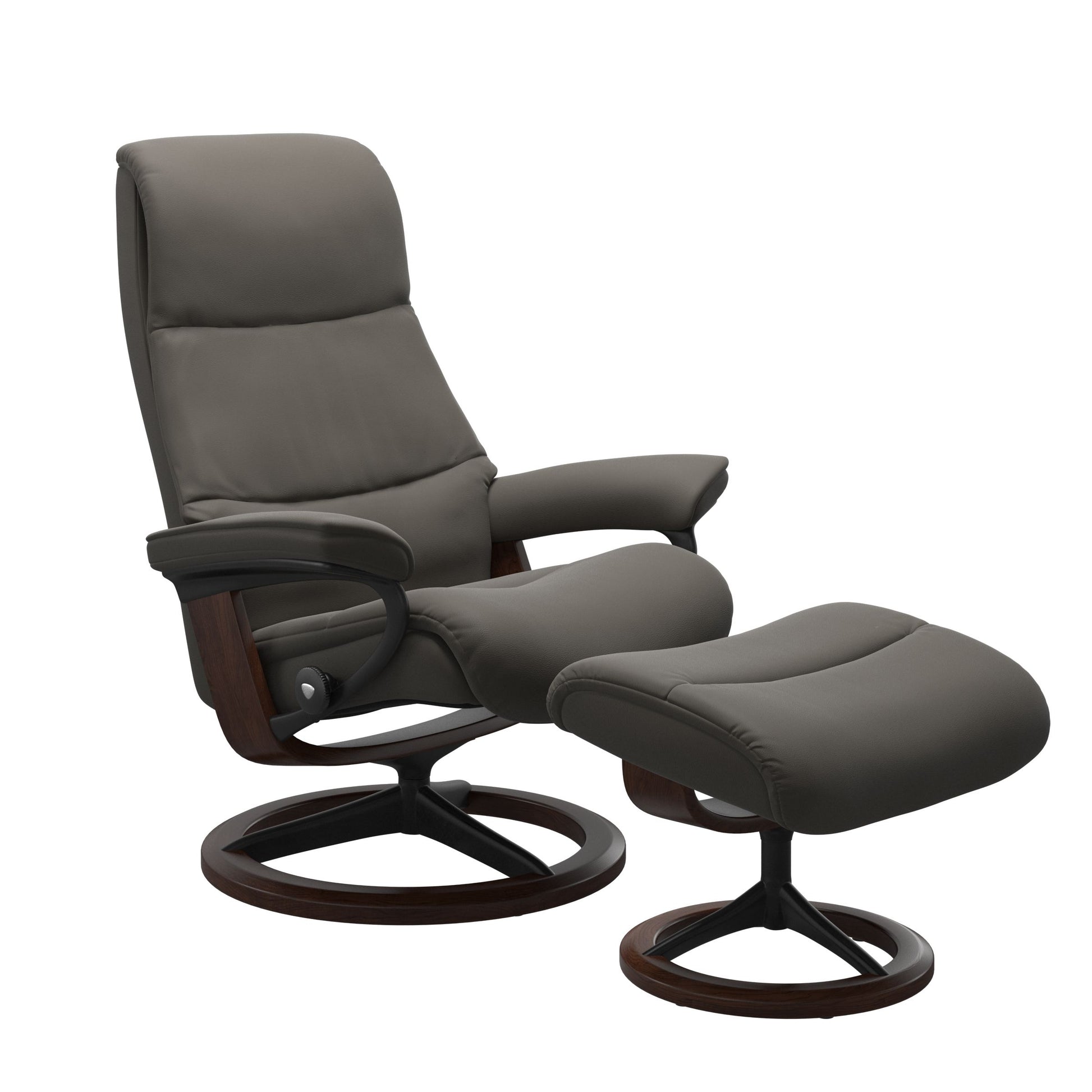 View recliner in Paloma Metal Grey with matching ottoman featuring a curved base in metal and brown
