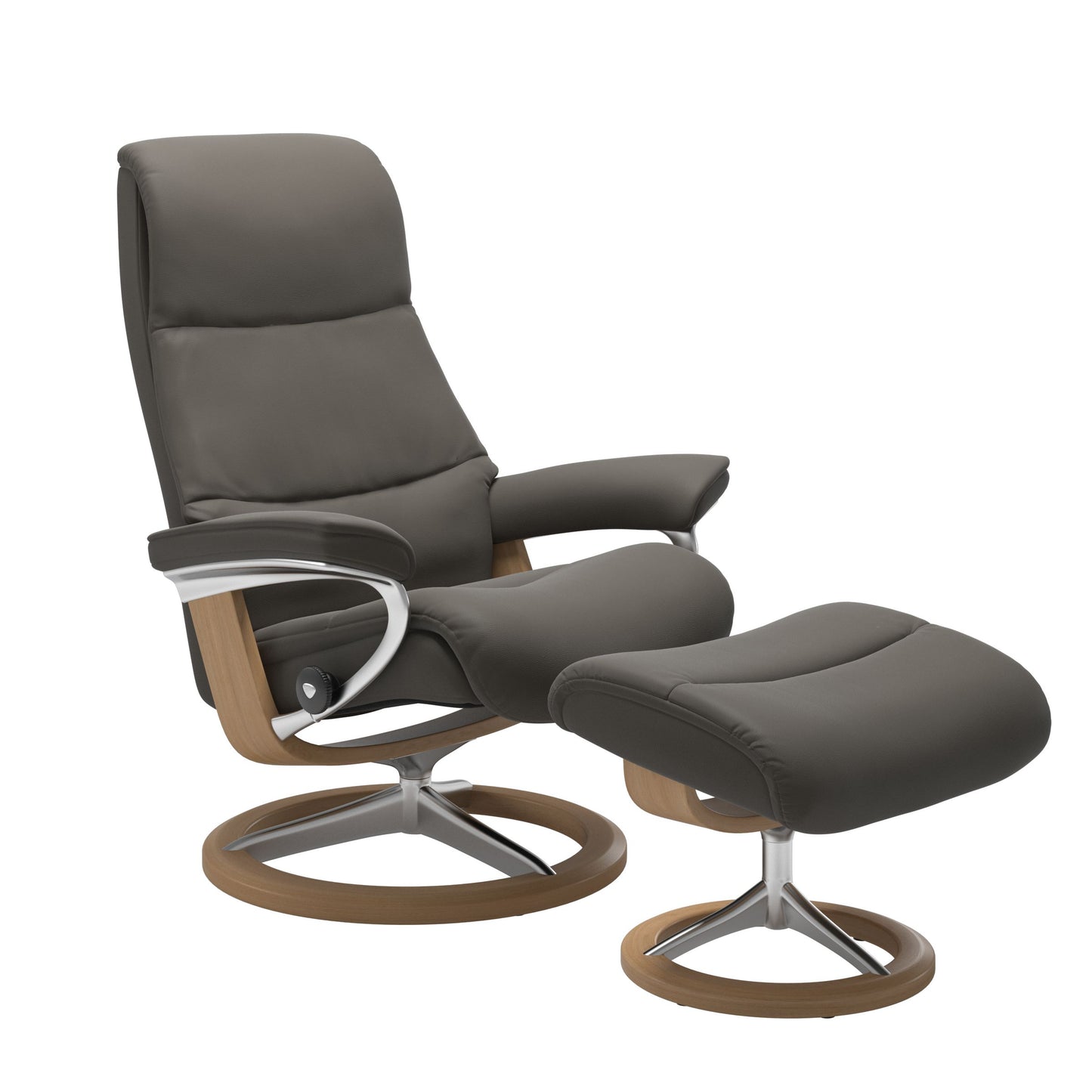 View recliner in Paloma Metal Grey with curved base in metal and oak