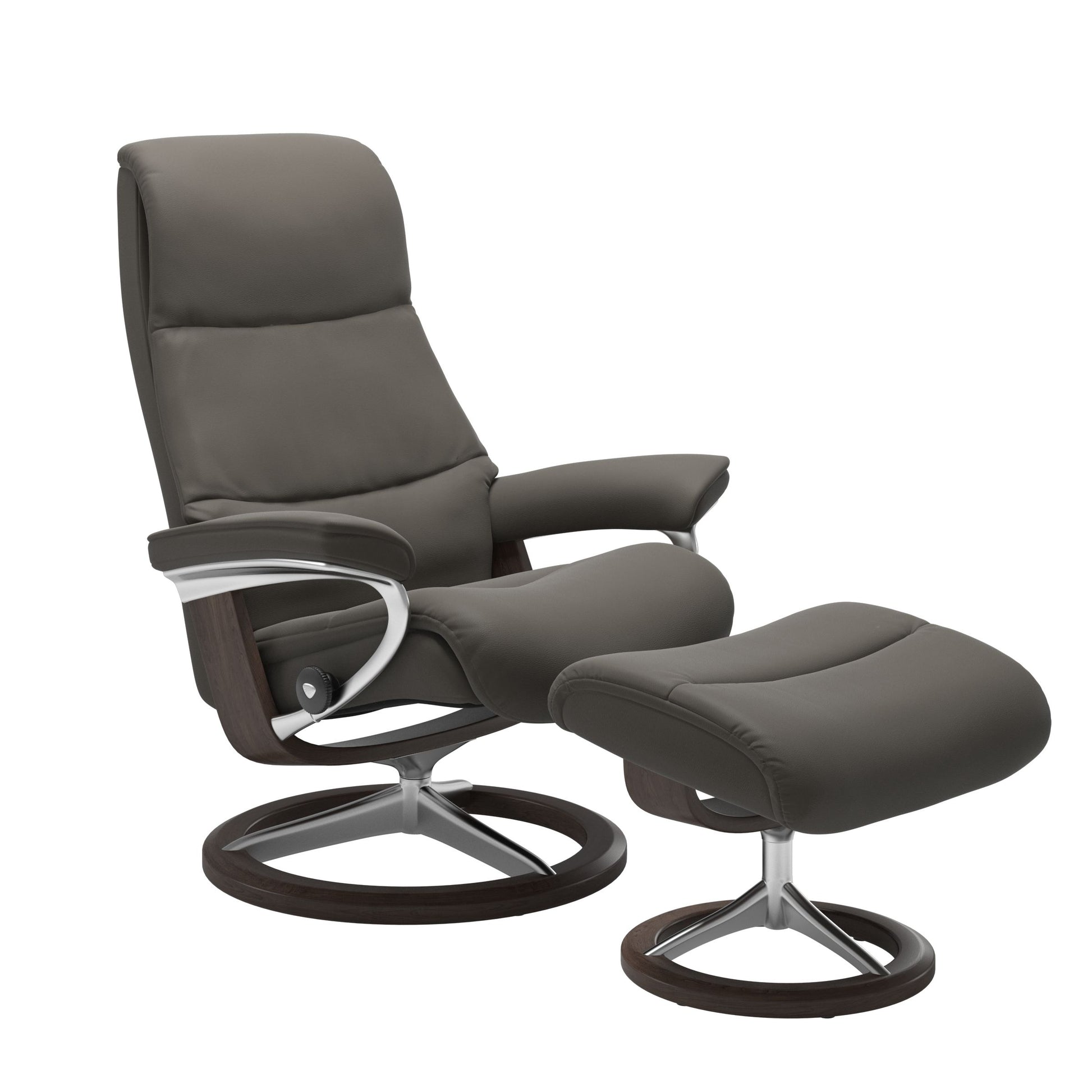 View recliner in Paloma Metal Grey with curved base in metal and wenge