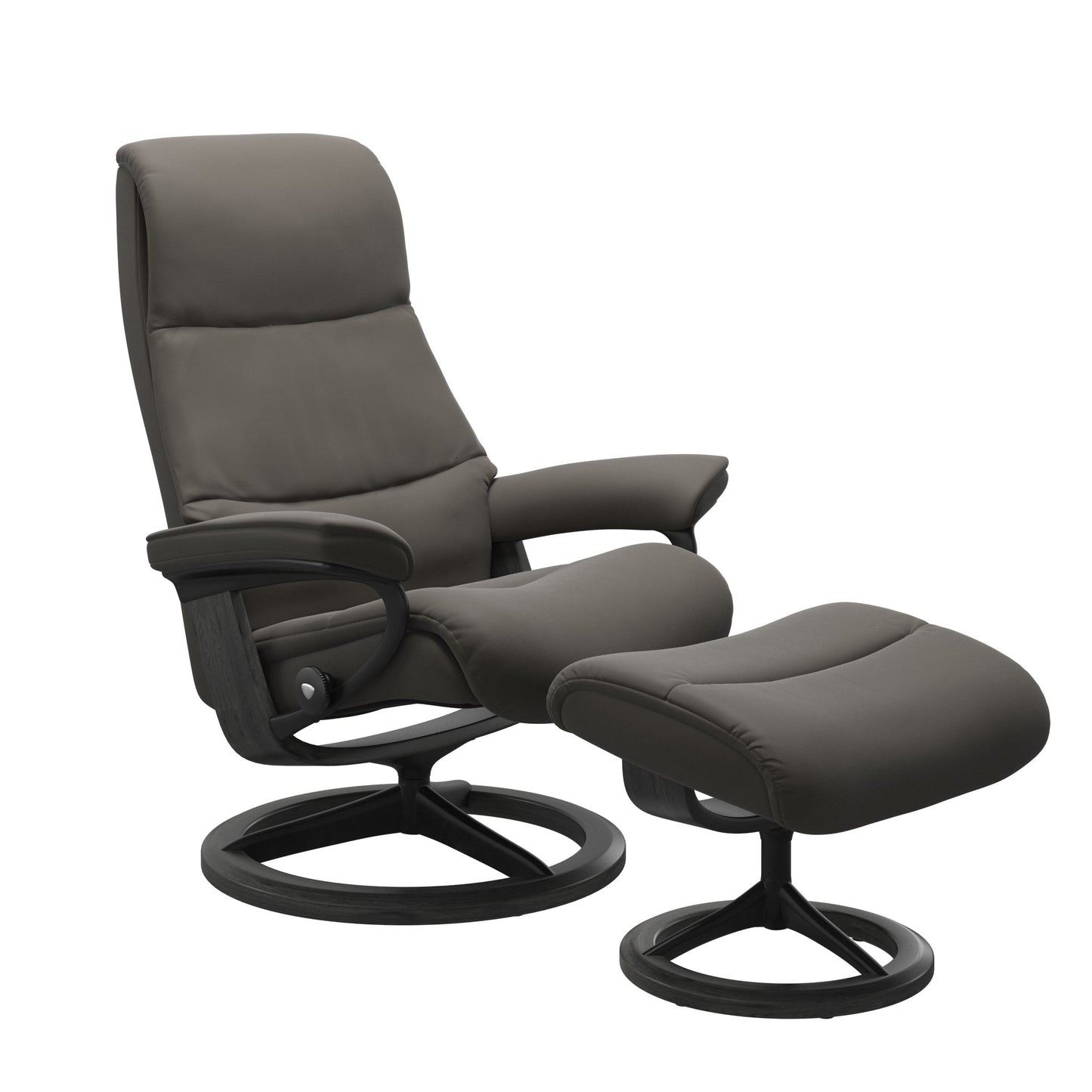 View recliner in Paloma Metal Grey with matching ottoman featuring a curved base in metal and grey