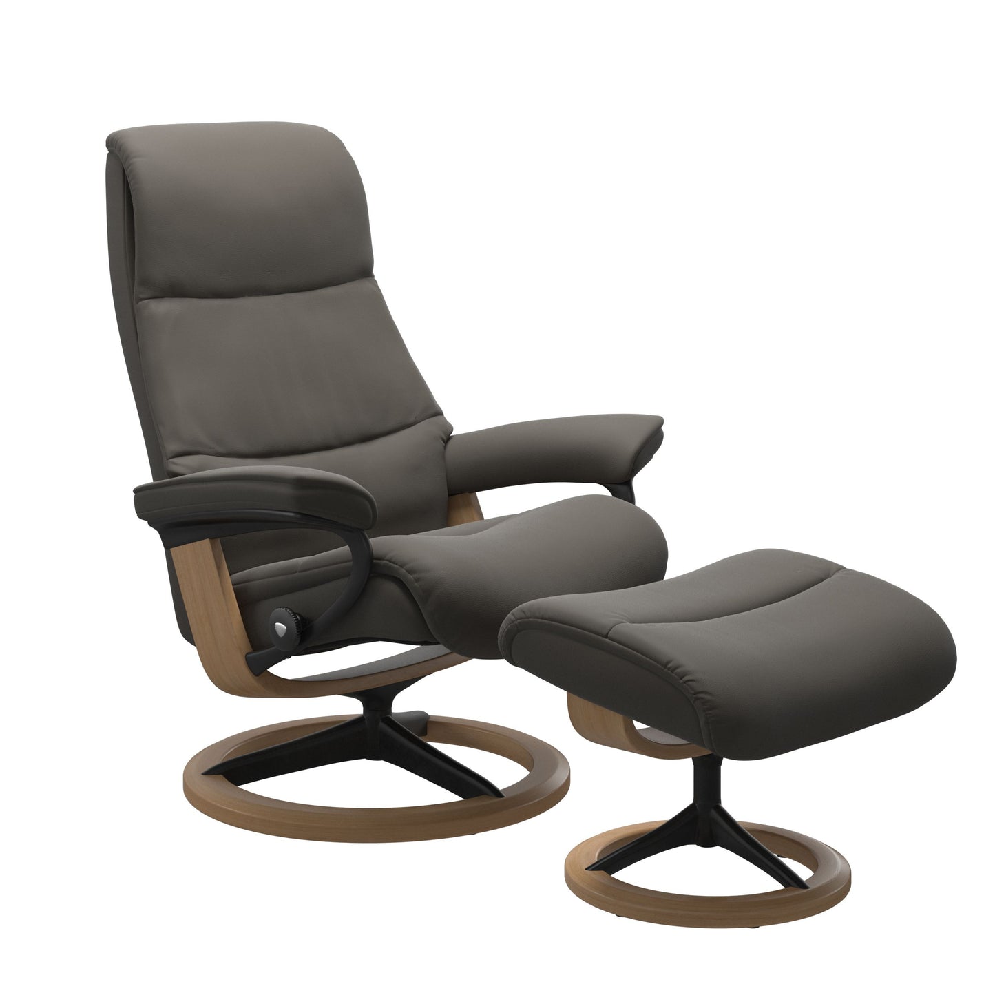 View recliner in Paloma Metal Grey with matching ottoman featuring a curved base in metal and oak