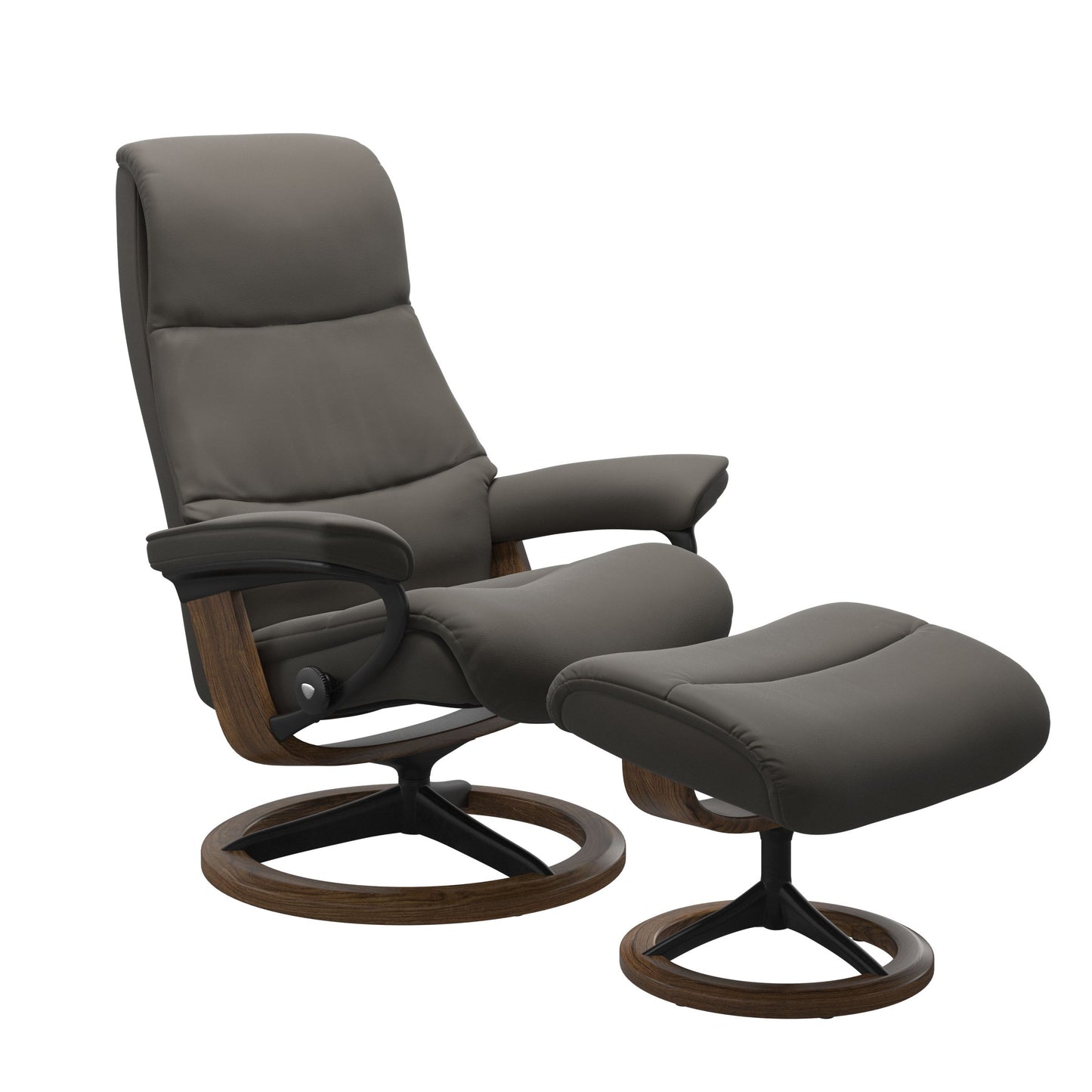 View recliner in Paloma Metal Grey with matching ottoman featuring a curved base in metal and teak