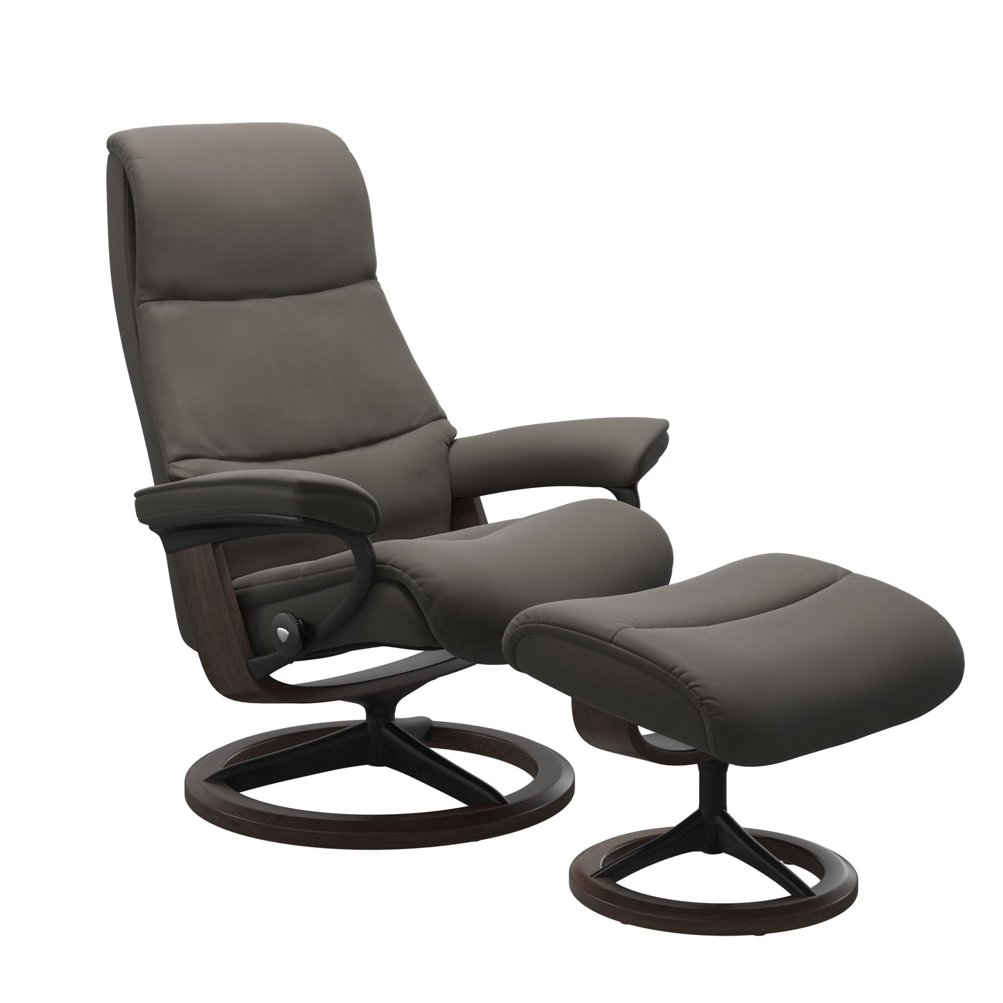 View recliner in Paloma Metal Grey with matching ottoman featuring a curved base in metal and wenge