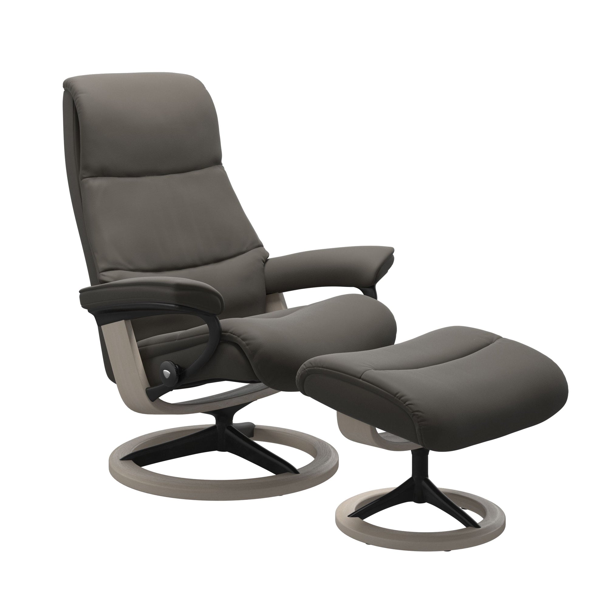 View recliner in Paloma Metal Grey with matching ottoman featuring a curved base in metal and whitewash