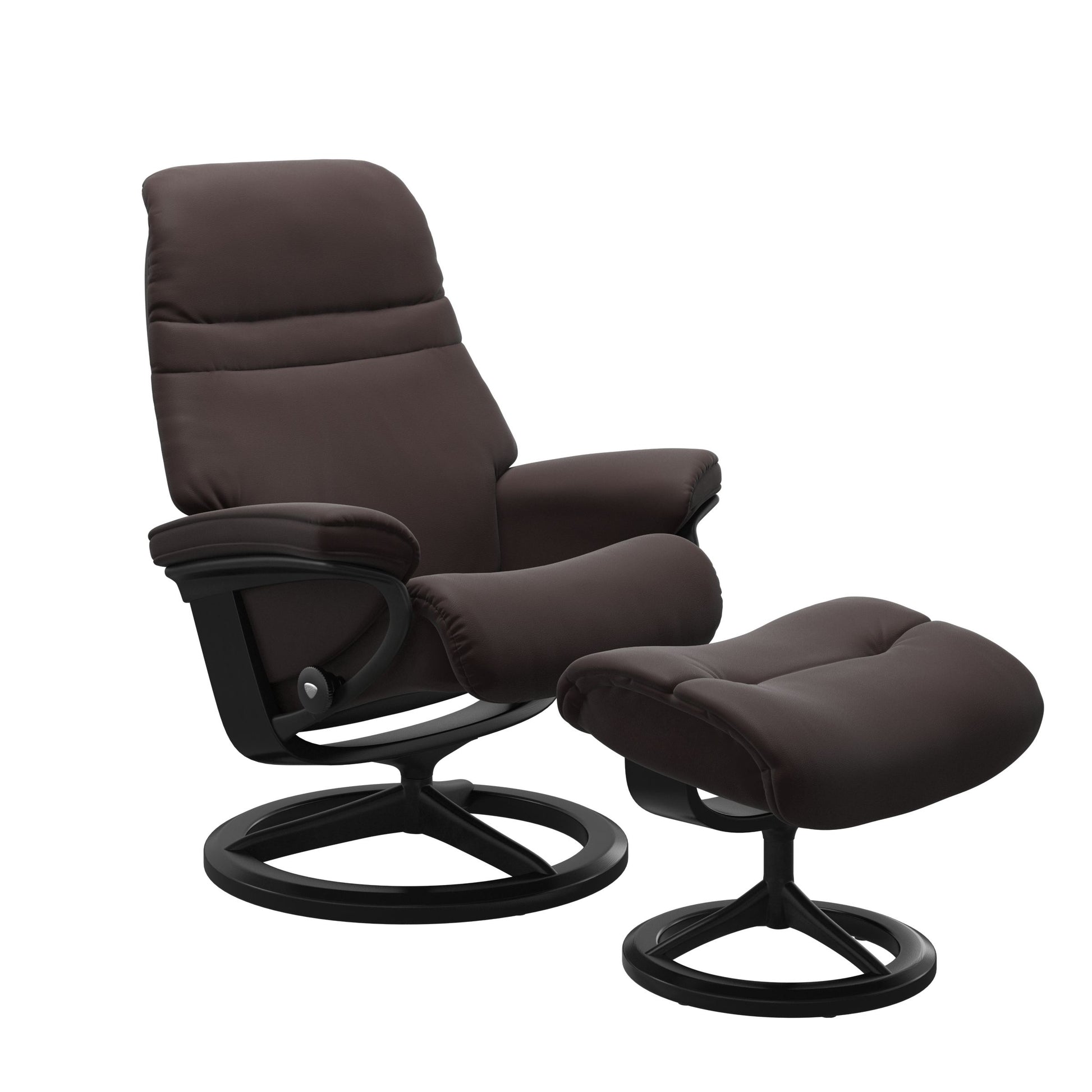 Chocolate colored sunrise recliner with matching ottoman featuring a curved base in metal and black