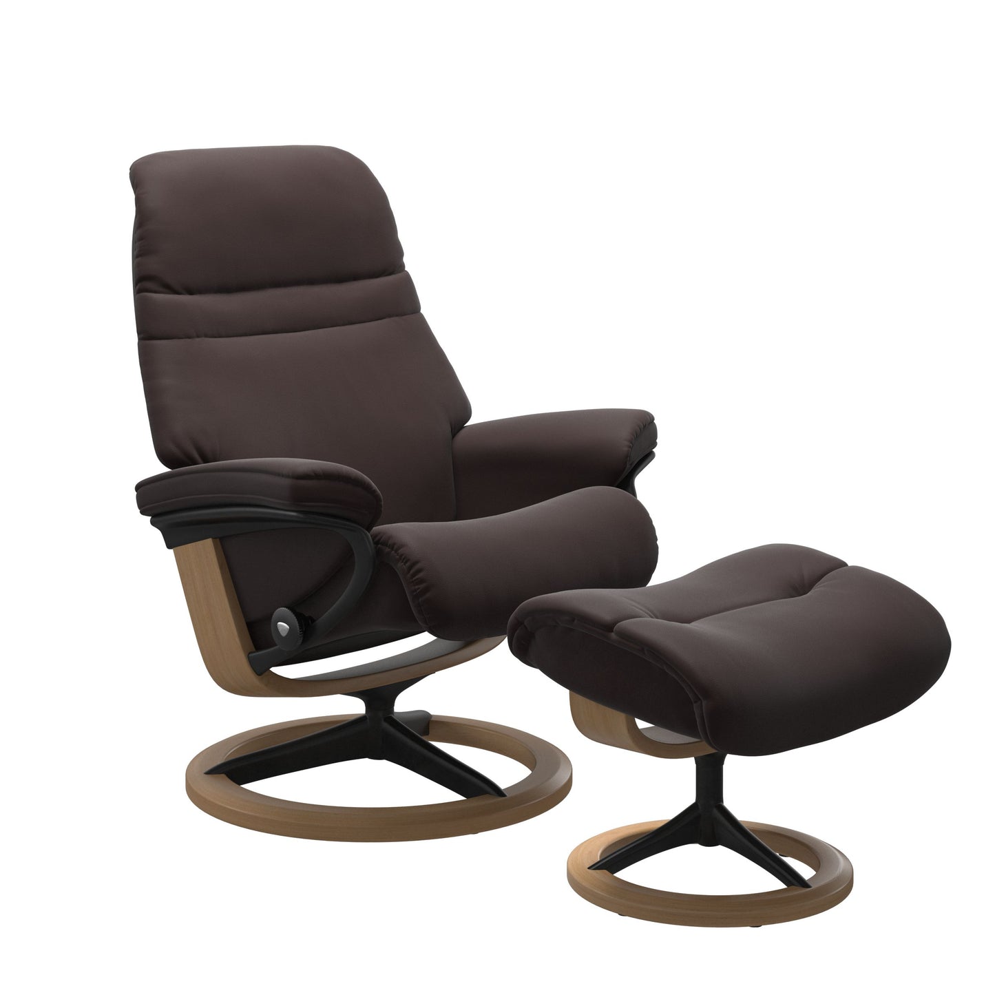 Chocolate colored sunrise recliner with matching ottoman featuring a curved base in metal and oak