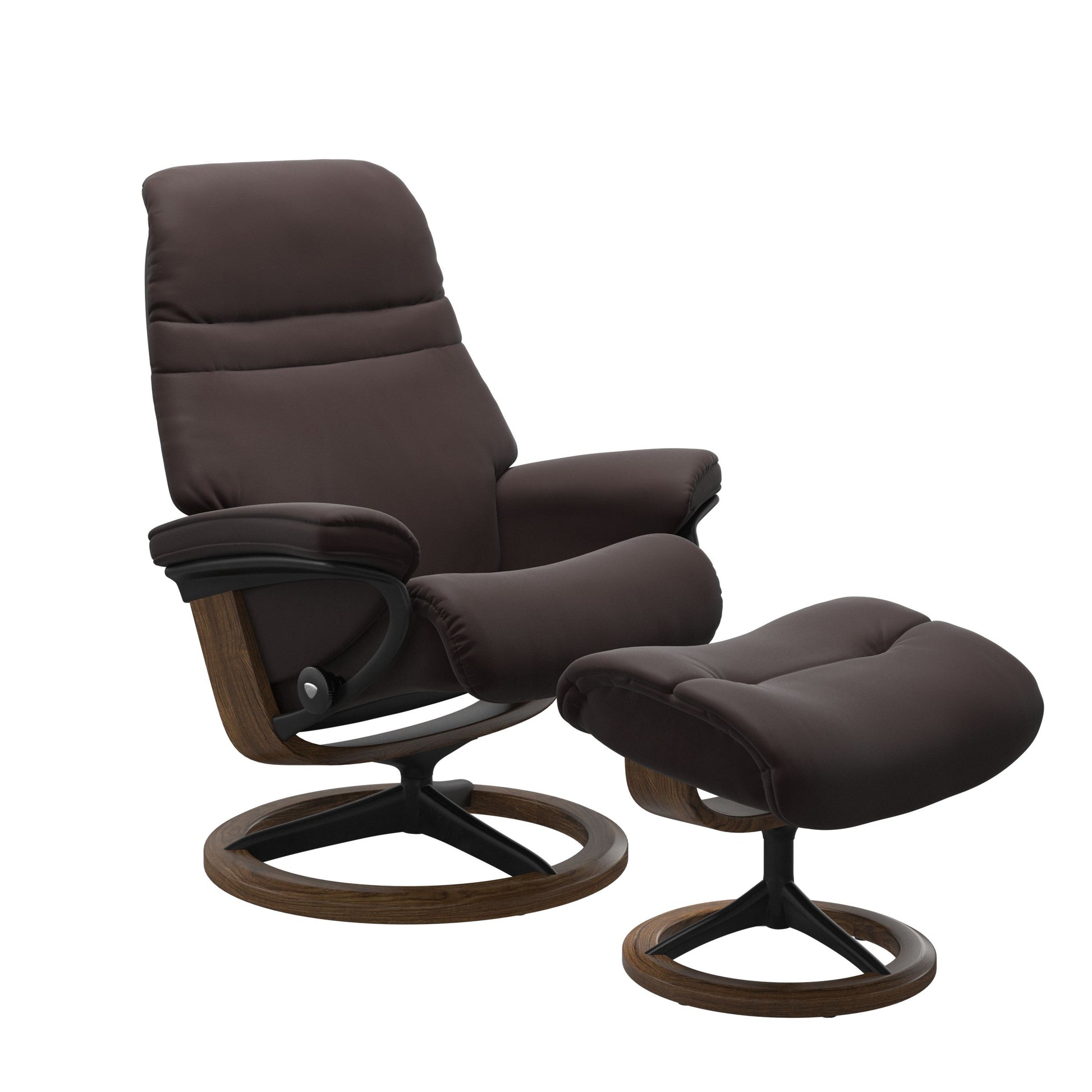 Chocolate colored sunrise recliner with matching ottoman featuring a curved base in metal and teak