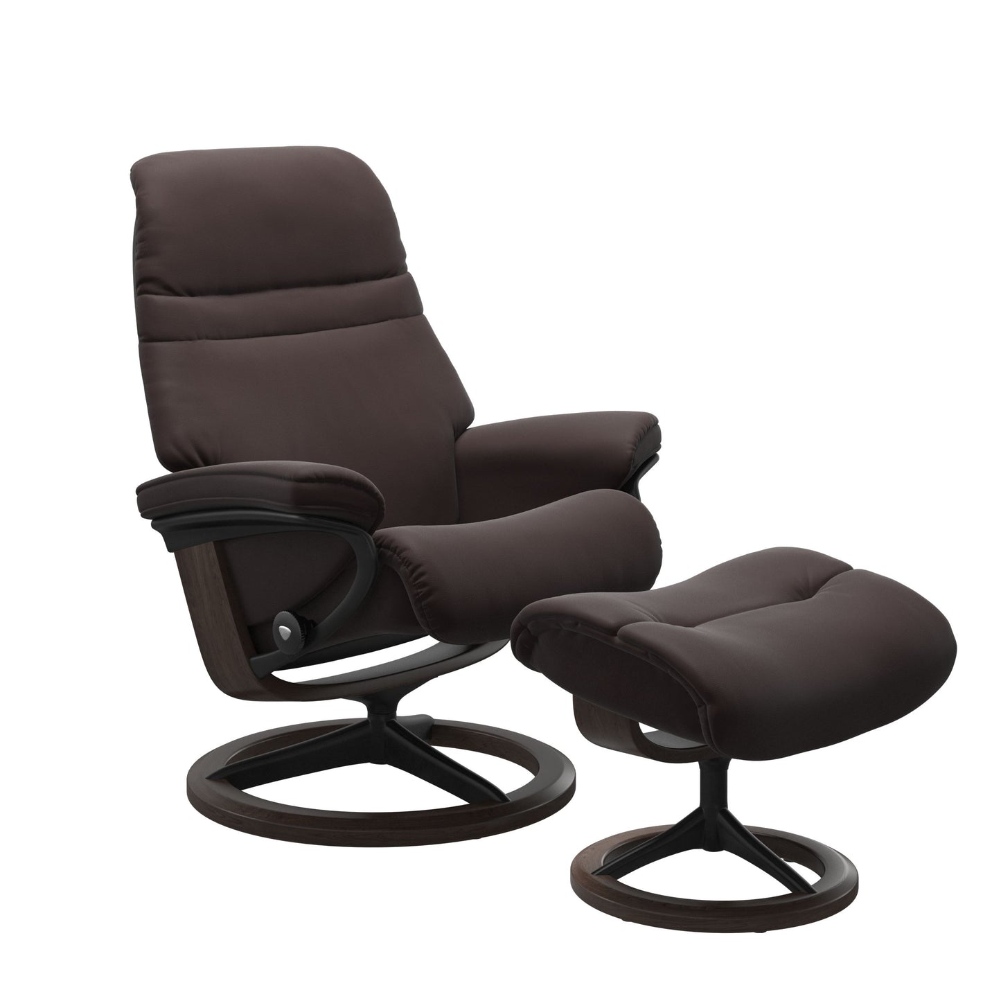 Chocolate colored sunrise recliner with matching ottoman featuring a curved base in metal and wenge