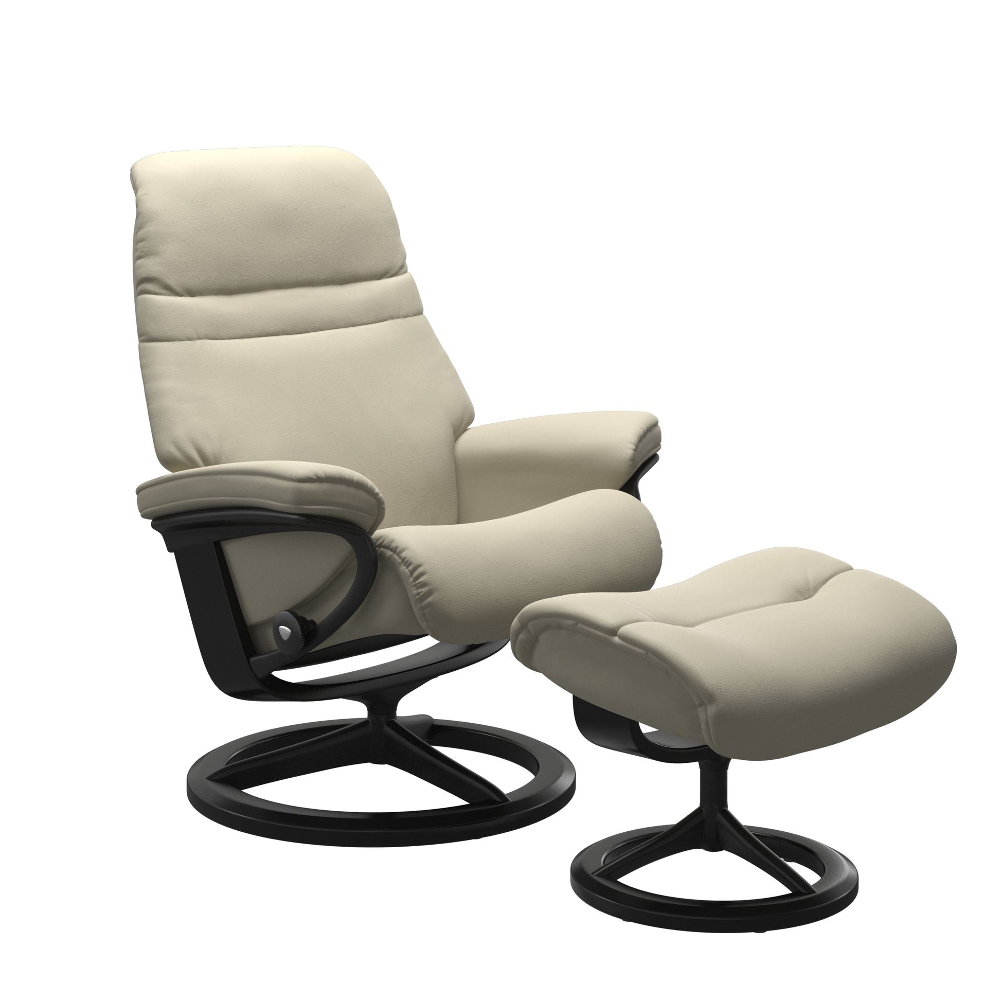 Light Grey colored sunrise recliner with matching ottoman featuring a curved base in metal and black