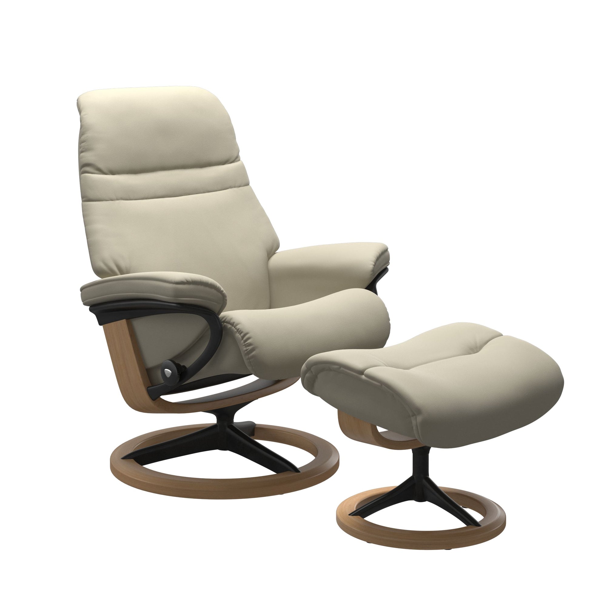 Light Grey colored sunrise recliner with matching ottoman featuring a curved base in metal and oak